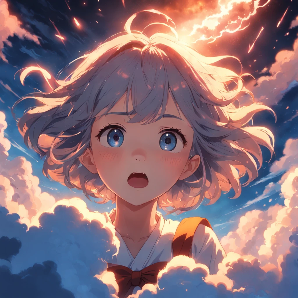 masterpiece, best quality, movie still, 1girl, cloud girl, floating in the sky, close-up, bright, happy, warm soft lighting, sunset, (sparks:0.7)