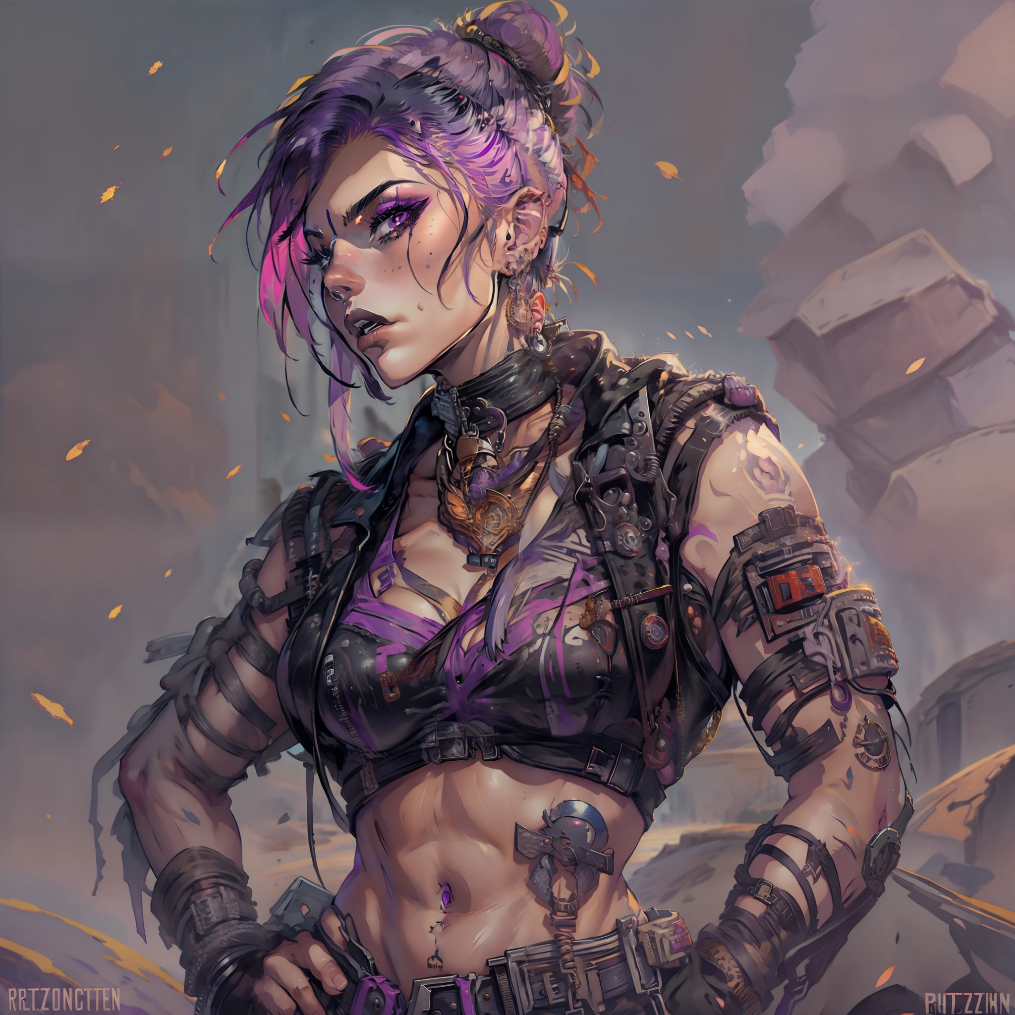 female with short shaved purple hair, villain, wearing casual desert punk clothing, has lower lip stud piercings, muscular, abs visible, wearing metal collar, has muscled, wearing black lipstick, amazonian, has large muscles, solo, alone, flexing