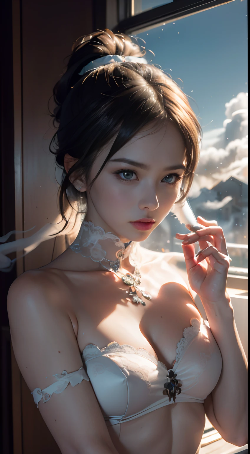 Unbeatable masterpiece, Ultra photo realsisim, Perfect artwork, Intricate details, Best quality, Strong light,High contrast, (Bare shoulders:0.85),((glowing ambiance, enchanting glow, luminouslighting, Ethereal atmosphere, A mesmerizing glow, evocative hues, captivating coloration, Dramatic lighting, Enchanting aura)),1girll,Masterpiece,Best quality,1girll,(in clouds of smoke:1.1),(Dynamic smoke is everywhere:1.4),(Upper body:1.2),(1 Chinese pattern in the middle of the girl's forehead),A girl with a weak temperament,,(epic cinematic),Soft natural light,rim-light,Absurd,Amazing,Funny,复杂,ultra - detailed,Pink flowers,pastelcolor,,White flowers pink flowers,