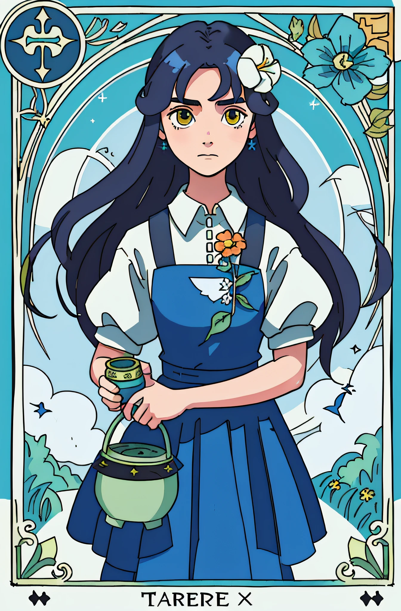 tarot cards,Full tarot border,(best images quality),(The image is surrounded by a tarot card-style border:1.5),(8k wallpaper),(best images quality),(Extremely detailed description),tarot card art,tarot card art, tarot design, beuaty girl,The most beautiful girl in the world,gardener,,blue-sky,Bokeh background,gardening(Hold a sprinkler jug;2),quadratic element,(hoang lap,A high resolution,hyper-detailing),Visual storytelling,capturing moments,historical records,social commentary,Powerful images,mosaic art,Small,Colorful inlays,Intricate patterns,Tile design,Durable surface,Time-honored technology,A girl holds a sprinkler jug and is about to water a flower,Flat coating,a warm color palette,cabelos preto e longos,Beautiful female,idyllic,
