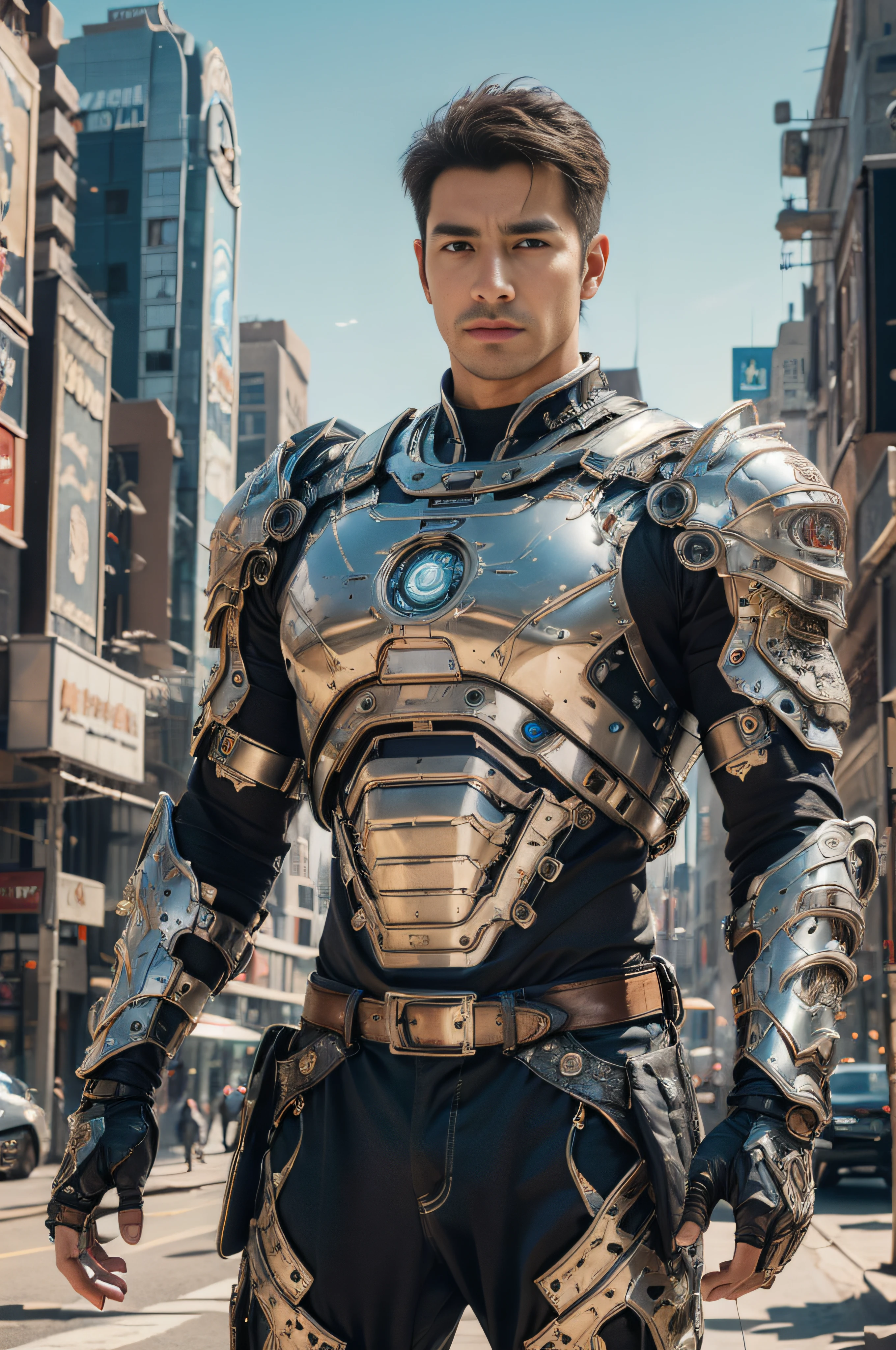 Realistic, ((Masterpiece)), ((Best quality)), (Detailed), Cinematic, Dynamic lighting, soft shade, Detailed background, Professional photography, Depth of field, Intricate, Detailed face, Subsurface scattering, photo-realistic hair, Realistic eyes, Muscular, Manly, buzz cut,Handsome photo (Latino men), Mecha 4RMOR, Wear mechanical Hanfu, Glowing, Dynamic pose, Futuristic, Futuristic city,Desert background stubble, Pants,