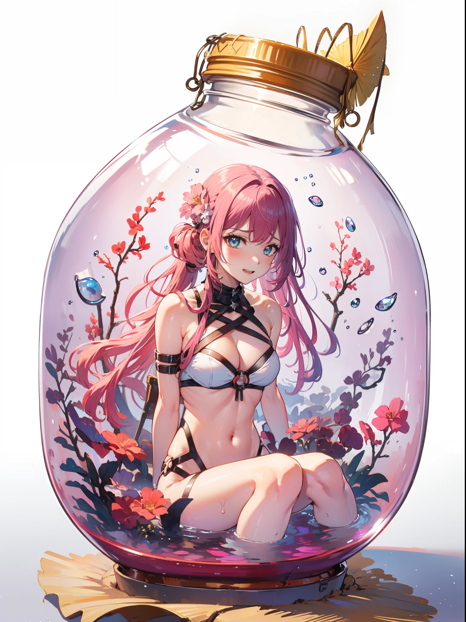 perfect eyes:1.2, detailed eyes:1.4, pineapple, smile, sitting, full body, air bubble, (masterpiece:1.2, best quality), phgls, /bottle, in container, (finely detailed beautiful eyes: 1.2), 1girl, solo, big breasts, tentacles, purple hair, pink hair, two-tone hair, underwater, floating hair, (bound:1.4), (bdsm:1.7)，shy，blush，cry，scared，(anger:1.3)，((arm behind back))