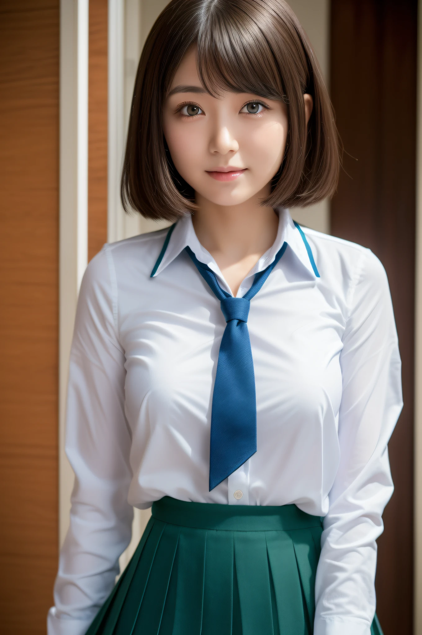 8K, Top Quality, Real Image, Complex Detail, Ultra Detail, Ultra High Definition, Depth Field,(Photorealistic,Real:1.2),Masterpiece, 0.25 :: Close Up , Straight On Shot , Middle Out ,
One girl, ai_chan, very beautiful , innocent big eyes, (Brown_SHORT_hair), (GREEN_eyes: 1.0), (bangs), disheveled hair, (hair clip), perfect shiny skin, perfect skin, fair skin, medium breasts, slender, cleavage, thin waist, light blush, solo, looking at the viewer, light smile,
wear ((school_uniform), (white_skirt), (BLUE_Long_Tie), (BLUE_pleated_skirt), (Black_pantyhose): 1.2),
(Gravure Pose: 1.1),
sunset
Japan High School ,Full Body
