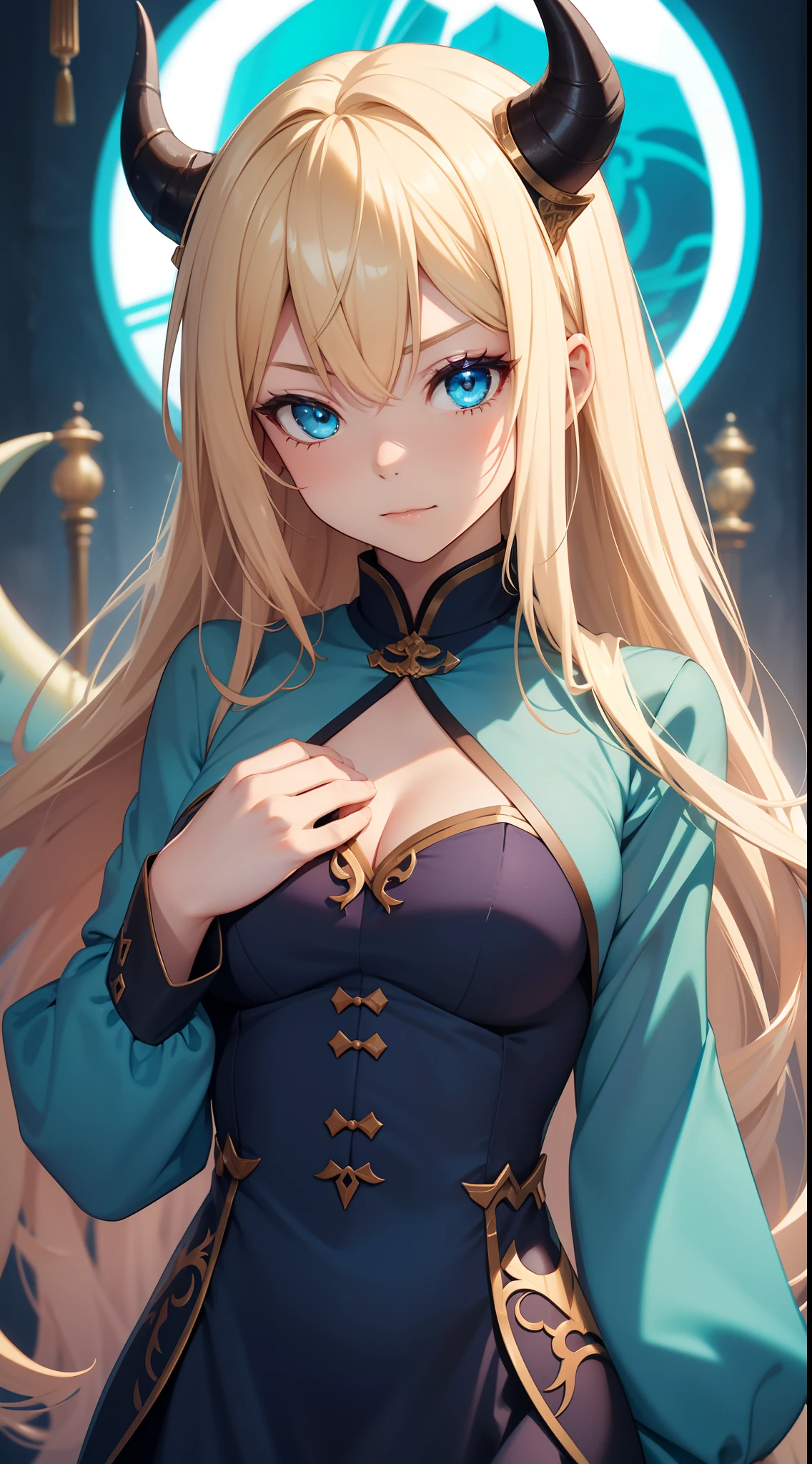 young girl, longue blonde hair, dragon horns, Cyan eyes, tight blue chinese dress, neckline on the chest, grudge, little chest, Masterpiece, hiquality