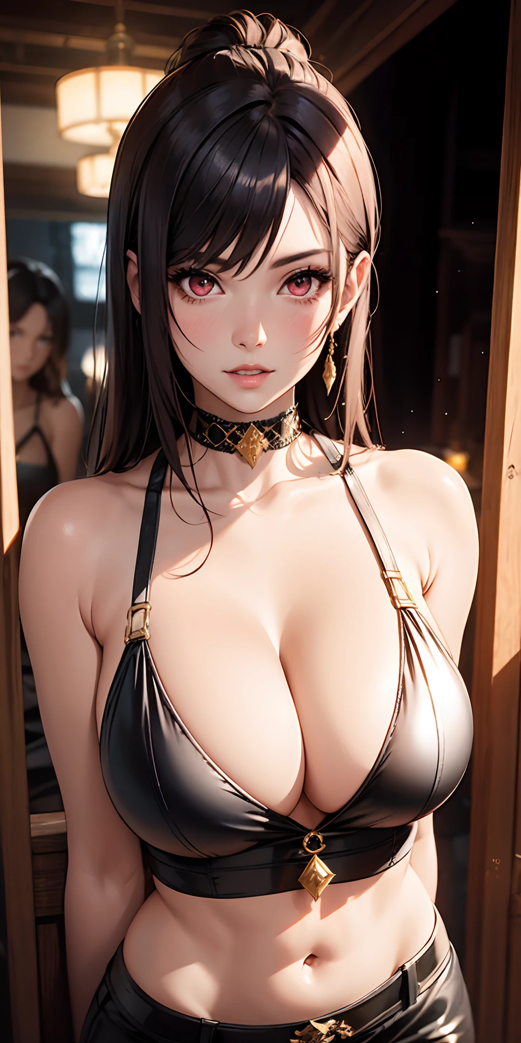 Arafa woman in black top posing for photo, Big breasts, Smooth skin, gorgeous model, wlop glossy skin, Pink body, Goddess, Enchanting Tifa Lockhart, Wear shiny clothes with sequins, cleavage, With shiny skin, Beautiful Girl, Photorealistic perfect body, shiny glossy skin