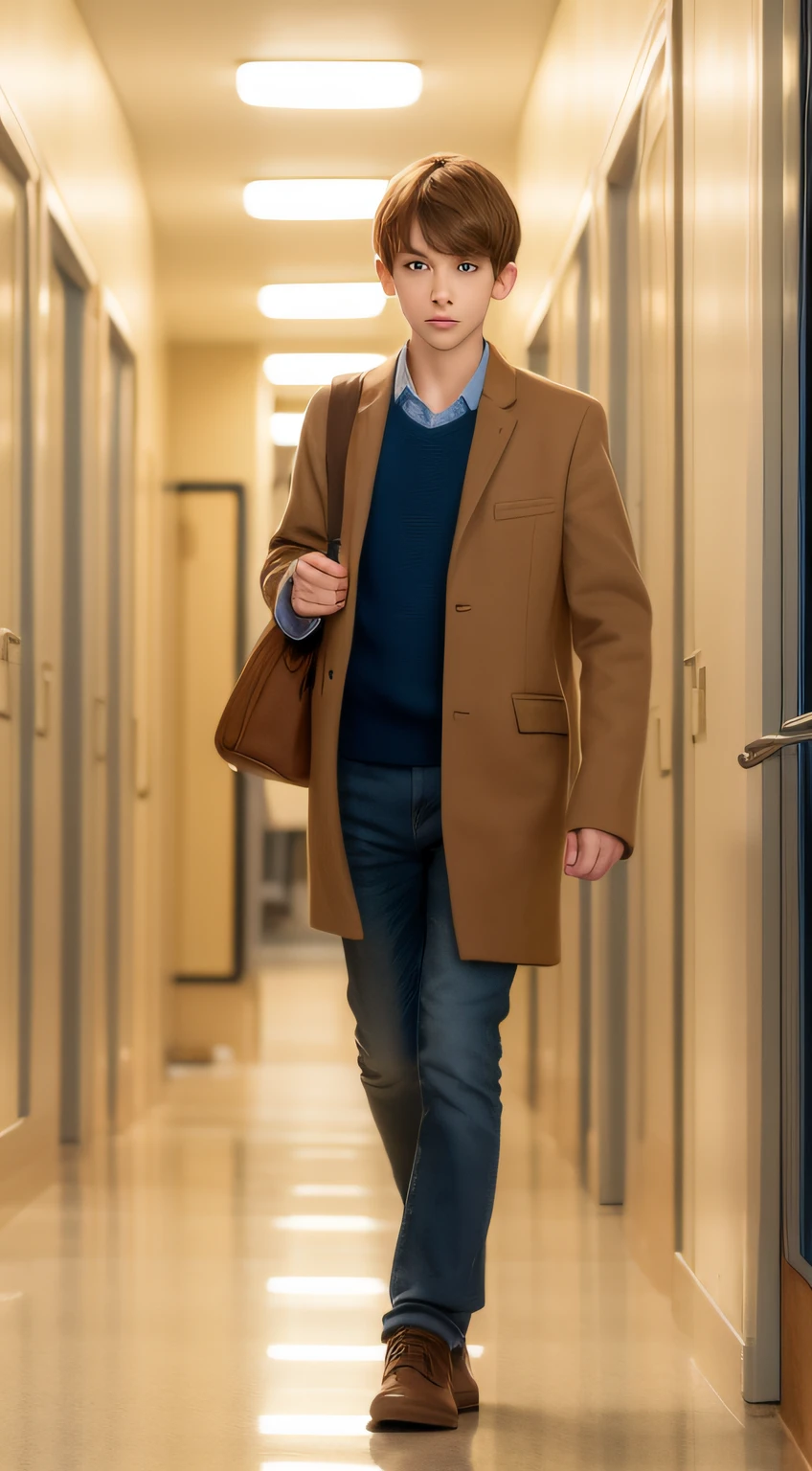 A teeenage boy, thin figure, mousy brown hair, blue eyes, tall. In a school hallway. Shy and keeping to himself