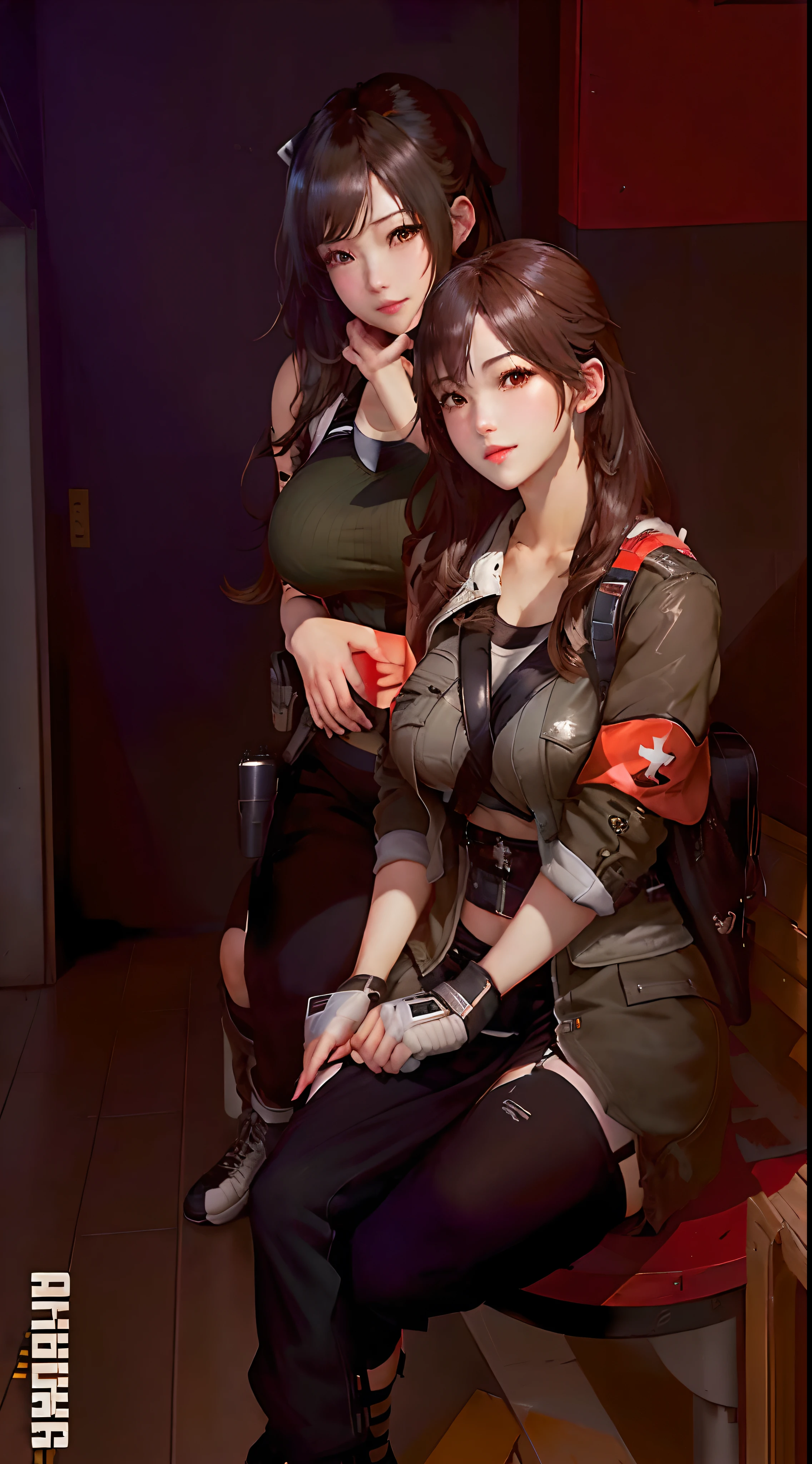 there are two beauty girl sitting on a bench in a room, realistic artstyle, sexy, big boobs, artwork in the style of guweiz, from girls frontline, tifa lockhart, trending on cgstation, soldier outfit, tifa, game cg, tifa lockheart, casual pose, girls frontline style, ultra realistic, 8K