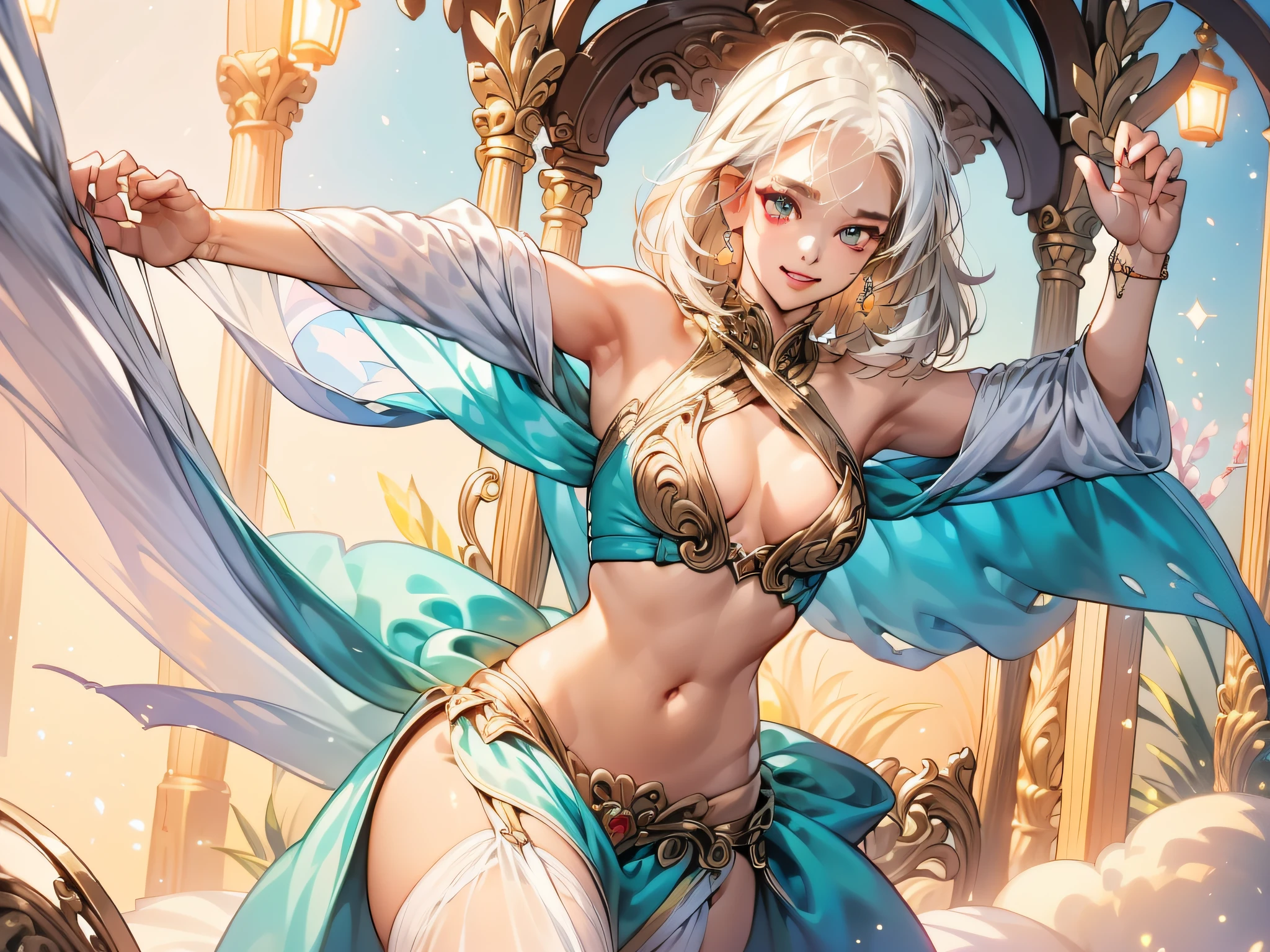 (Best Quality:1.3),4K,8K,8K Portrait,16 K,(masutepiece:1.2),1girl in,Solo,(maximalism:1.5),pearls,ultra-detailliert,absurderes, ,(very detailed beautiful face and eyes:1.3), (Highly detailed beautiful hair:1.3),delicate composition,Cowboy Shot,(Dynamic Pose:1.2), Super cute girl,(Medium Hair:1.8),(Braids:1.2),(White eyes:1.5),(White hair:1.5),(Wearing gorgeous red and golden belly dancing silky wear,veils:1.6), Fine Jewelry Decoration, (medium breasts),Detailed skin, bare stomach, Navel,Gorgeous red and golden belly dance (Silky long skirt), Fine embroidery,tiarra,(Jewelry Hair Ornaments:1.3), (jewelry eyes:1.3),(Eyelashes:1.2),(symbol in eyes:1.3),(hight resolution, Twinkle,Glitter,Lens Flare,light Particle,Shining:1.3),(Lori:1.5),(Cute:1.5),Looking at Viewer, BREAK (Exotic atmosphere, Swirling veil, Vivid costumes, Graceful movement, Captivating music, dimmed lights, enchanting atmosphere, Rhythmic beats, Enchanted audience, captivating performance)