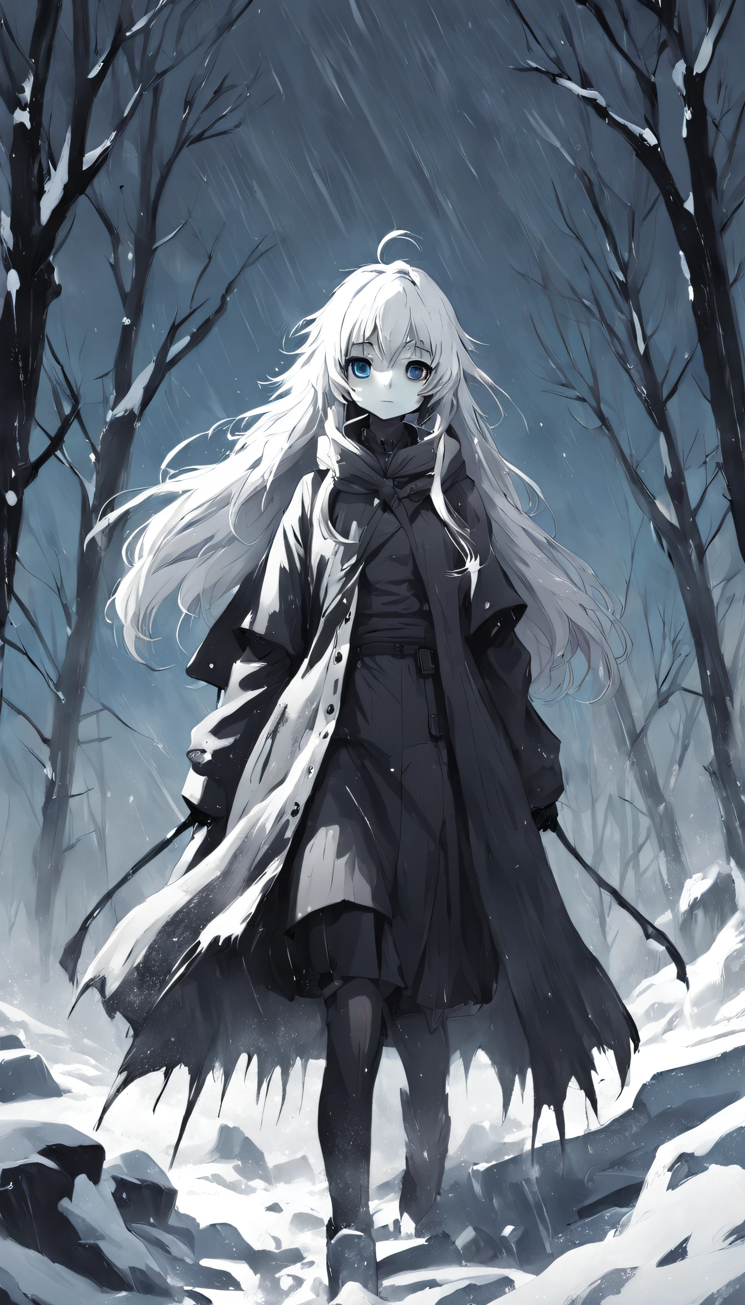 "(Horrifying Painting:1.3)af(Rough sketch:1.3)、(Grim:1.3)of the Snow Apocalypse、Black and white style。"