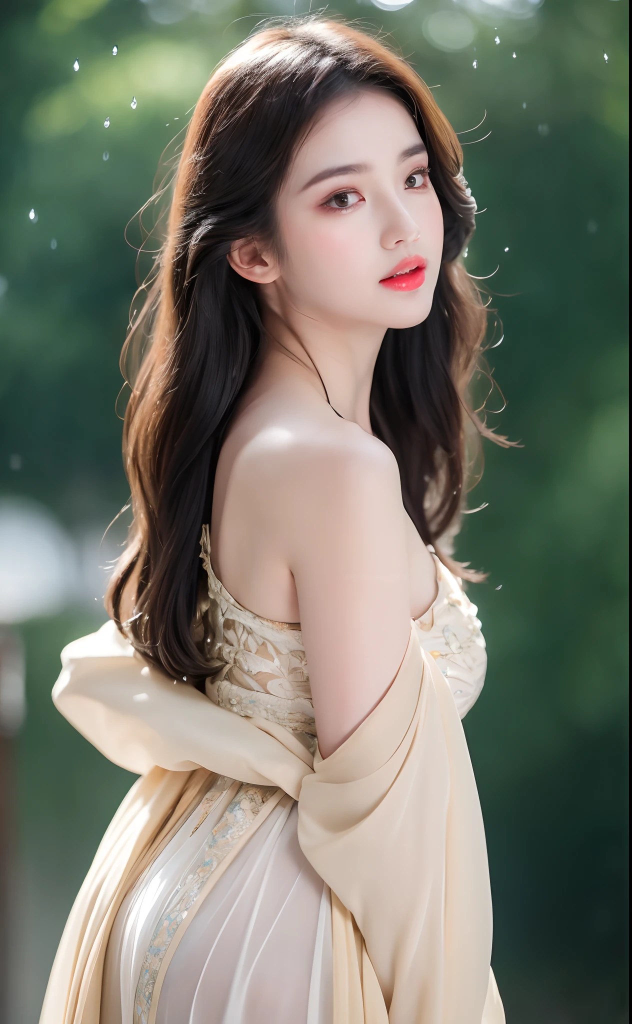 ((Best Quality, 8k, Masterpiece: 1.3)), Focus: 1.2, Perfect Body Beauty: 1.4, Buttocks: 1.2, ((Layered Haircut)), (Wet Clothes: 1.1), (Rain, Street:1.3), (Breasts: 1.2), (Hanfu: 1.2), Bare Shoulders, Bare Legs, Highly Detailed Face and Skin Texture, Fine Eyes, Double Eyelids, Whitened Skin, Long Hair, (Shut Up: 1.5), (Bokeh Background: 1.5), Big Breasts