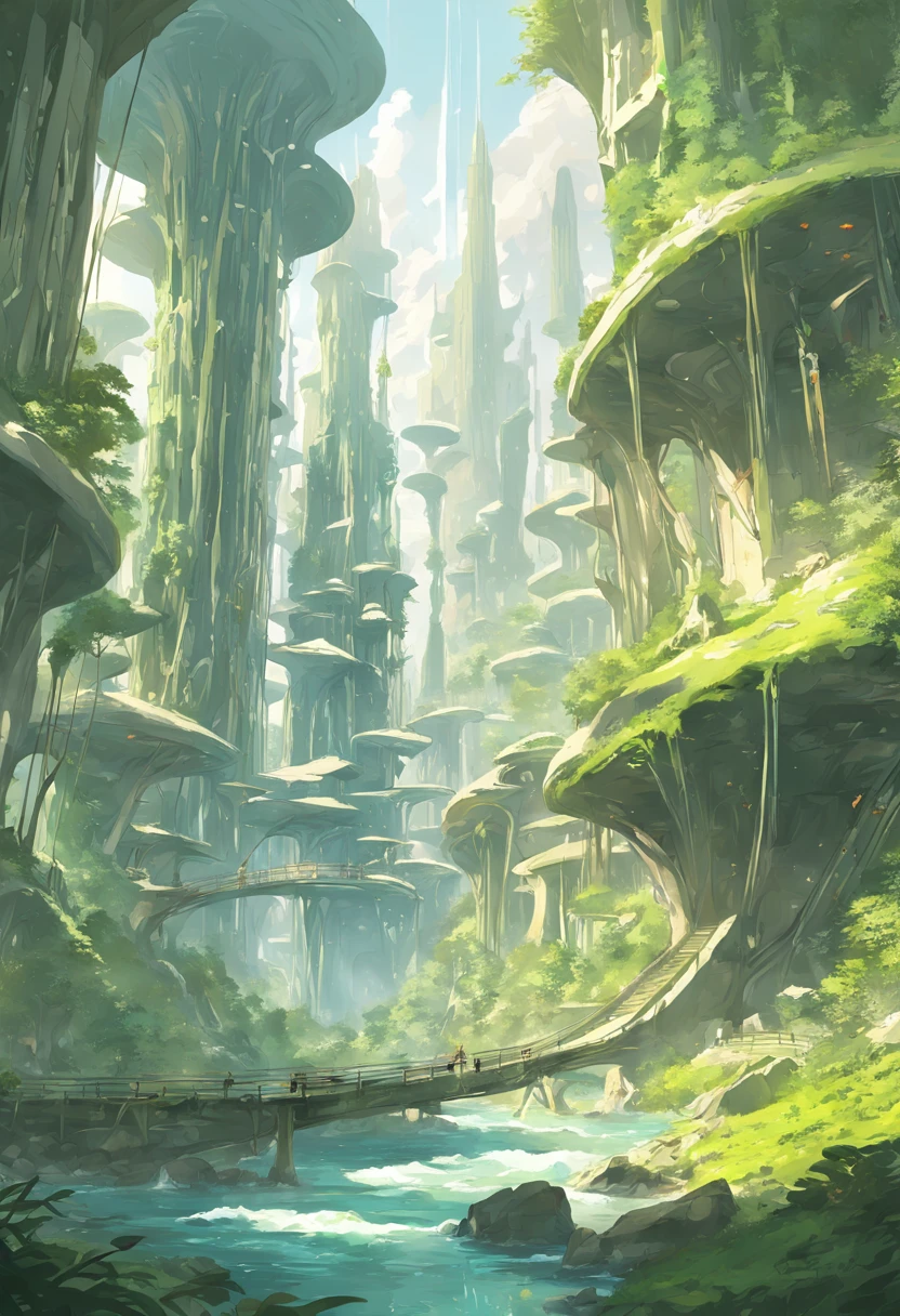 multicolor, surreal, masterpiece, countryside, Futuristic design of an awesome sunny day environment concept art on a futuristic forest terrain with huge waterfalls, streams, orchids, landscaped, aesthetics, nature architecture, proportional, detailed, blueprint, bright clouds, nature meets futuristic architecture by Santiago Calatrava and Vincent Callebaut with Wes Anderson village, residential area, futuristic development, high rise made up staircases, balconies, full of composite glass facades, residential spaces carved from cliff side ,trending on artstation, beautiful lighting,In the style of Andreas Achenbach and Norman Ackroyd masterpiece, fantasy, intricate, award winning, 4k, highest quality