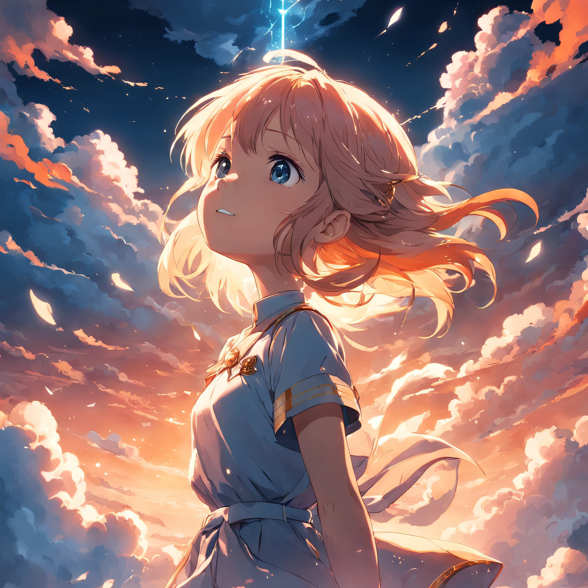 masterpiece, best quality, movie still, 1girl, cloud girl, floating in the sky, close-up, bright, happy, warm soft lighting, sunset, (sparks:0.7)