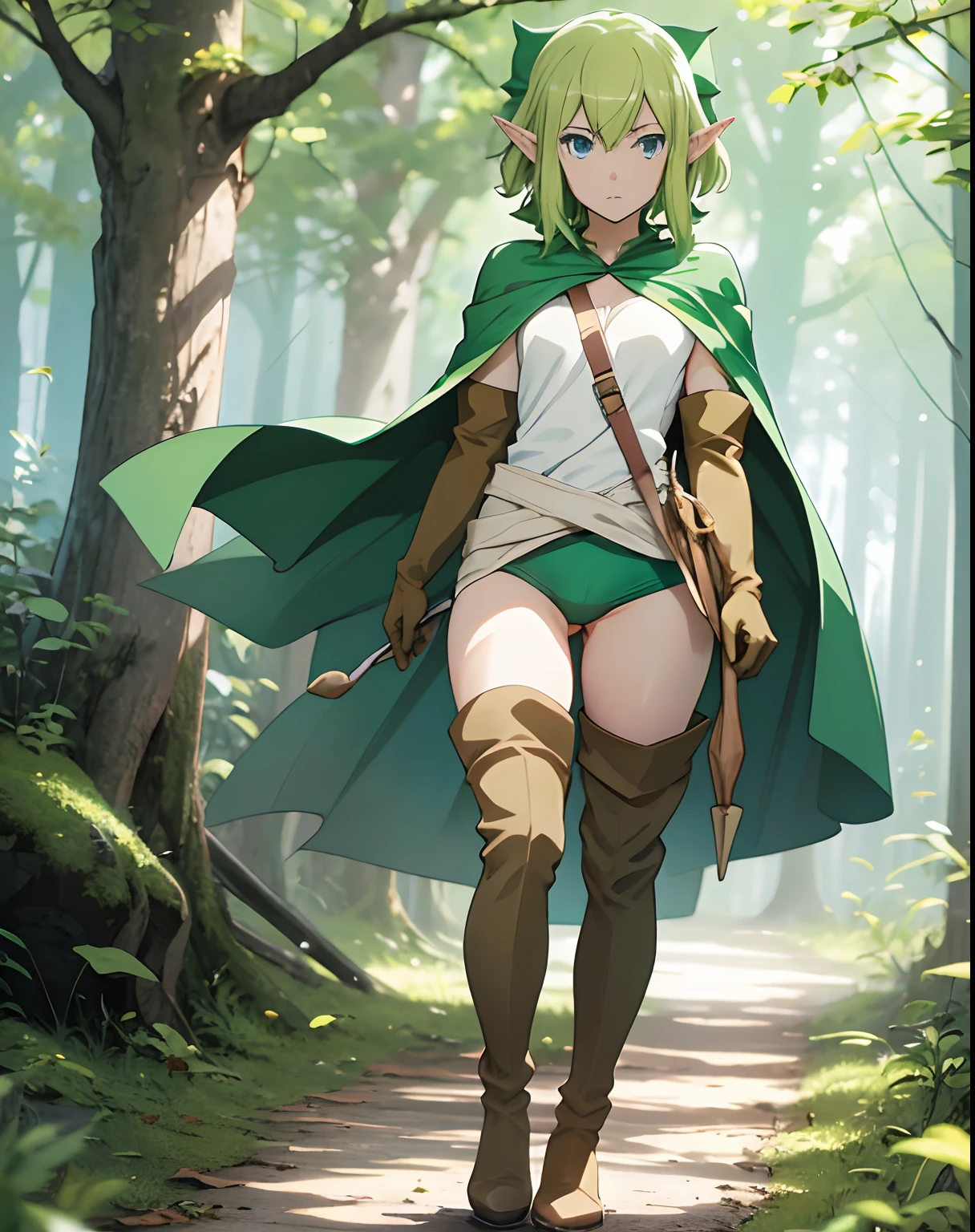 masterpiece,best quality,anime,2d,detailed face,
1girl, solo, thigh boots, pointy ears, gloves, boots, green hair, forest, brown footwear,full body, blue eyes, elf, elbow gloves, brown gloves, cape, short hair, green underwear, standing, looking at viewer, green cape, shirt,