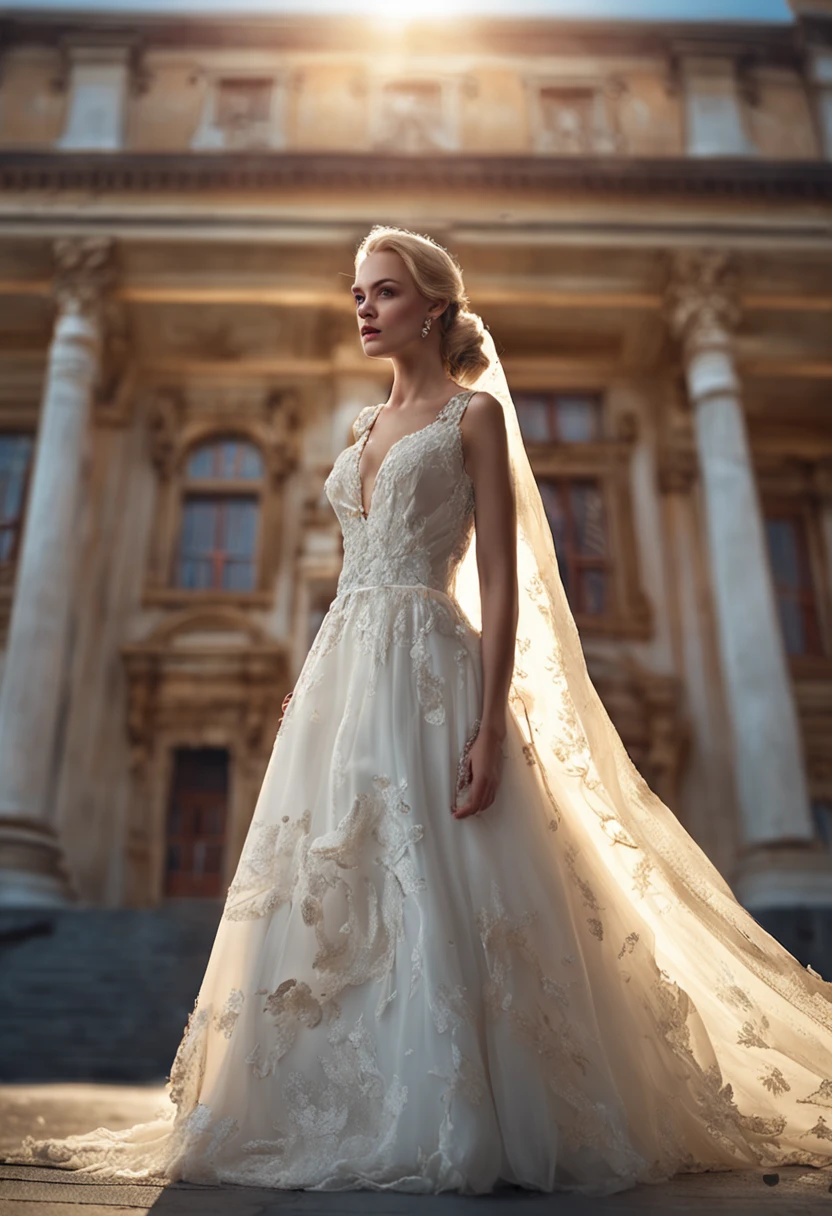 1 beautiful girl, full bodyesbian, standing photo, White wedding dress, Soft dress, Stand in front of the palace building, blond hairbl, Blue eyes, Wavy hair, Masterpiece, Diffuse flex illumination, Portrait, Best quality (Perfect face:1.4), Ultra-realistic highly detailed, complex and realistic simulation style photos，Focus clearly on the eyes, Cinematic lighting, studio shoot, gorgeous posture