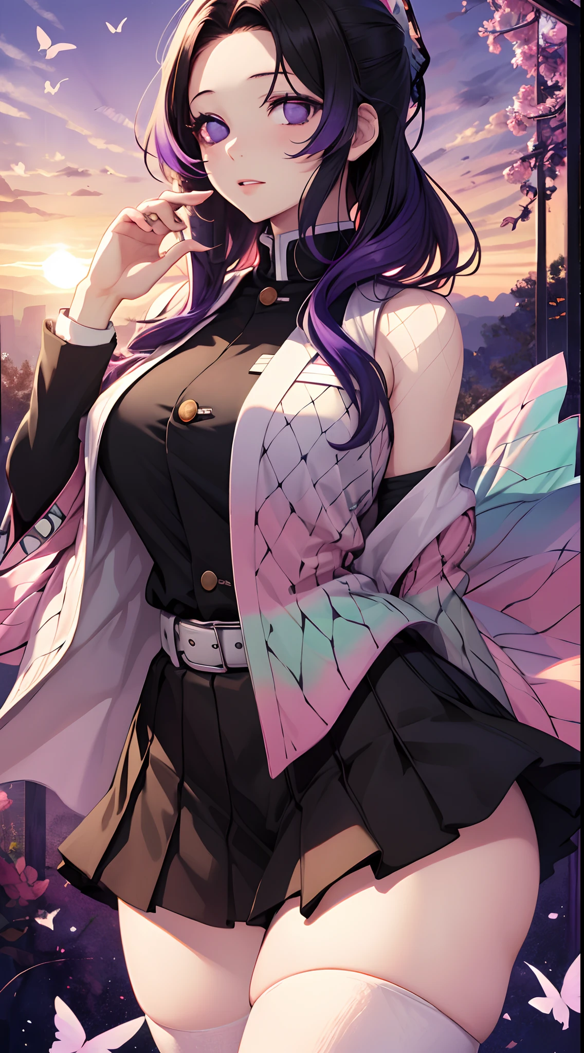 Kochou Shinobu, 1girl,masterpiece, multicolored hair,sleeveless, purple eyes, black jacket,black skirt,uniform, white haori, , multiple butterflies, , laked sunset, lens flare, perfect lighting, highest quality, hands behind, thick thighs, large breasts, highest quality, high resolution.