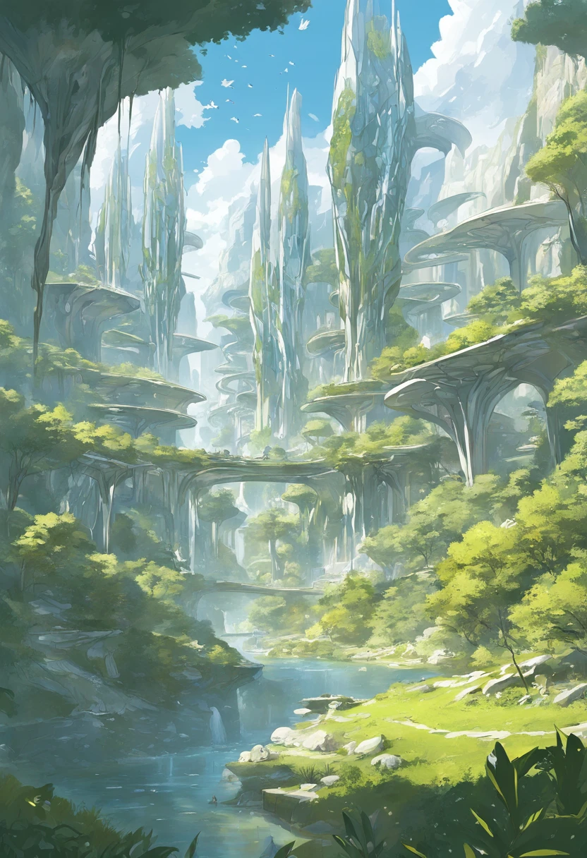 multicolor, surreal, masterpiece, countryside, Futuristic design of an awesome sunny day environment concept art on a futuristic forest terrain with huge waterfalls, streams, orchids, landscaped, aesthetics, nature architecture, proportional, detailed, blueprint, bright clouds, nature meets futuristic architecture by Santiago Calatrava and Vincent Callebaut with Wes Anderson village, residential area, futuristic development, high rise made up staircases, balconies, full of composite glass facades, residential spaces carved from cliff side ,trending on artstation, beautiful lighting,In the style of Andreas Achenbach and Norman Ackroyd masterpiece, fantasy, intricate, award winning, 4k, highest quality
