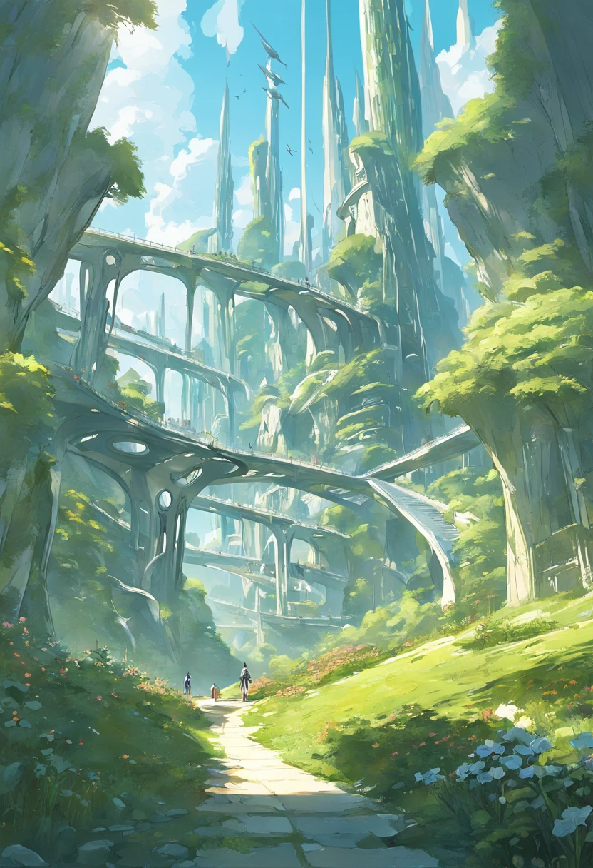 multicolor, surreal, masterpiece, countryside, Futuristic design of an awesome sunny day environment concept art on a futuristic forest terrain with huge waterfalls, streams, orchids, landscaped, aesthetics, nature architecture, proportional, detailed, blueprint, bright clouds, nature meets futuristic architecture by Santiago Calatrava and Vincent Callebaut with Wes Anderson village, residential area, futuristic development, high rise made up staircases, balconies, full of composite glass facades, residential spaces carved from cliff side ,trending on artstation, beautiful lighting,In the style of Andreas Achenbach and Norman Ackroyd masterpiece, fantasy, intricate, award winning, 4k, highest quality