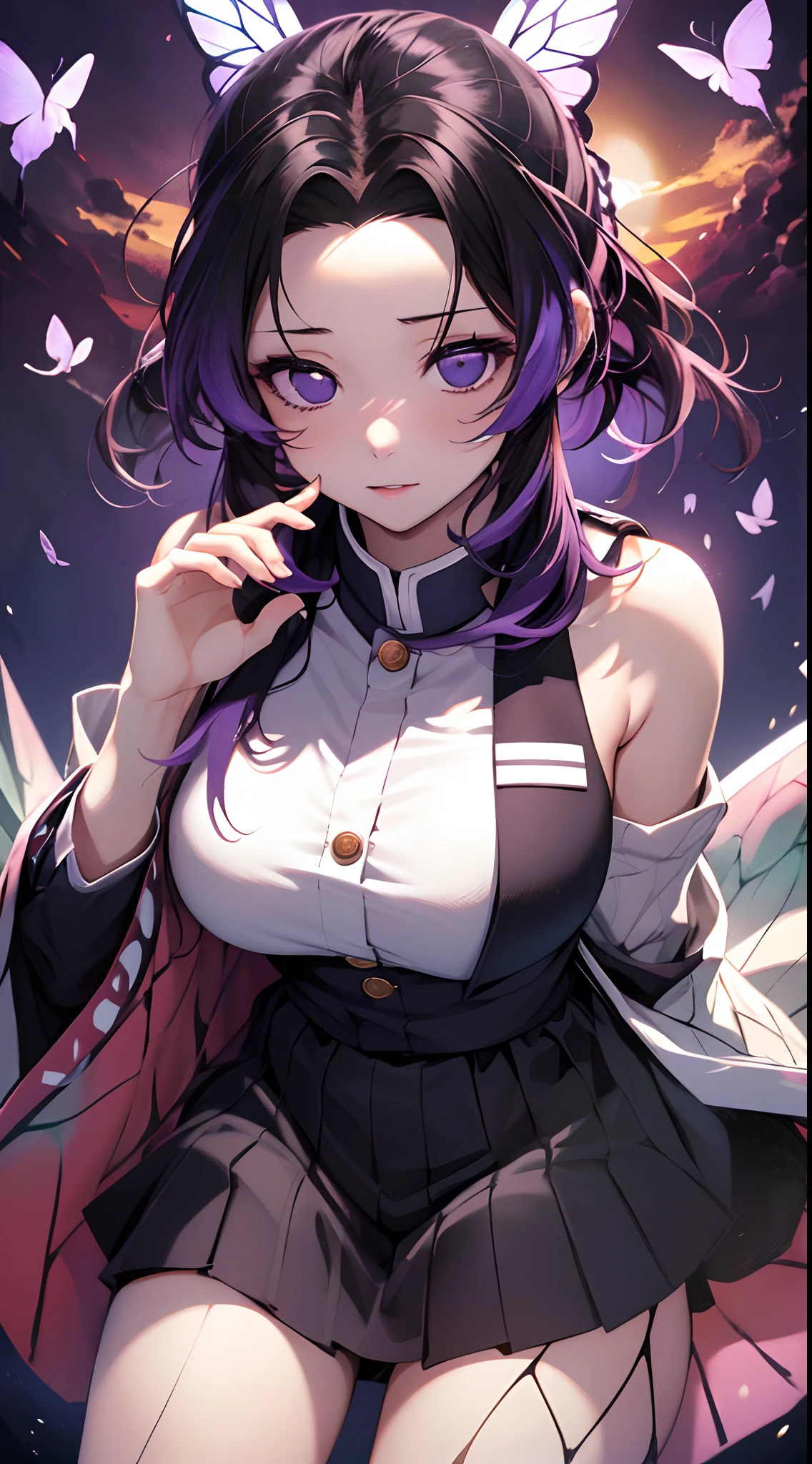 Kochou Shinobu, 1girl,masterpiece, multicolored hair,sleeveless, purple eyes, black jacket,black skirt,uniform, white haori, , multiple butterflies, , laked sunset, lens flare, perfect lighting, highest quality, hands behind, thick thighs, large breasts, highest quality, high resolution.