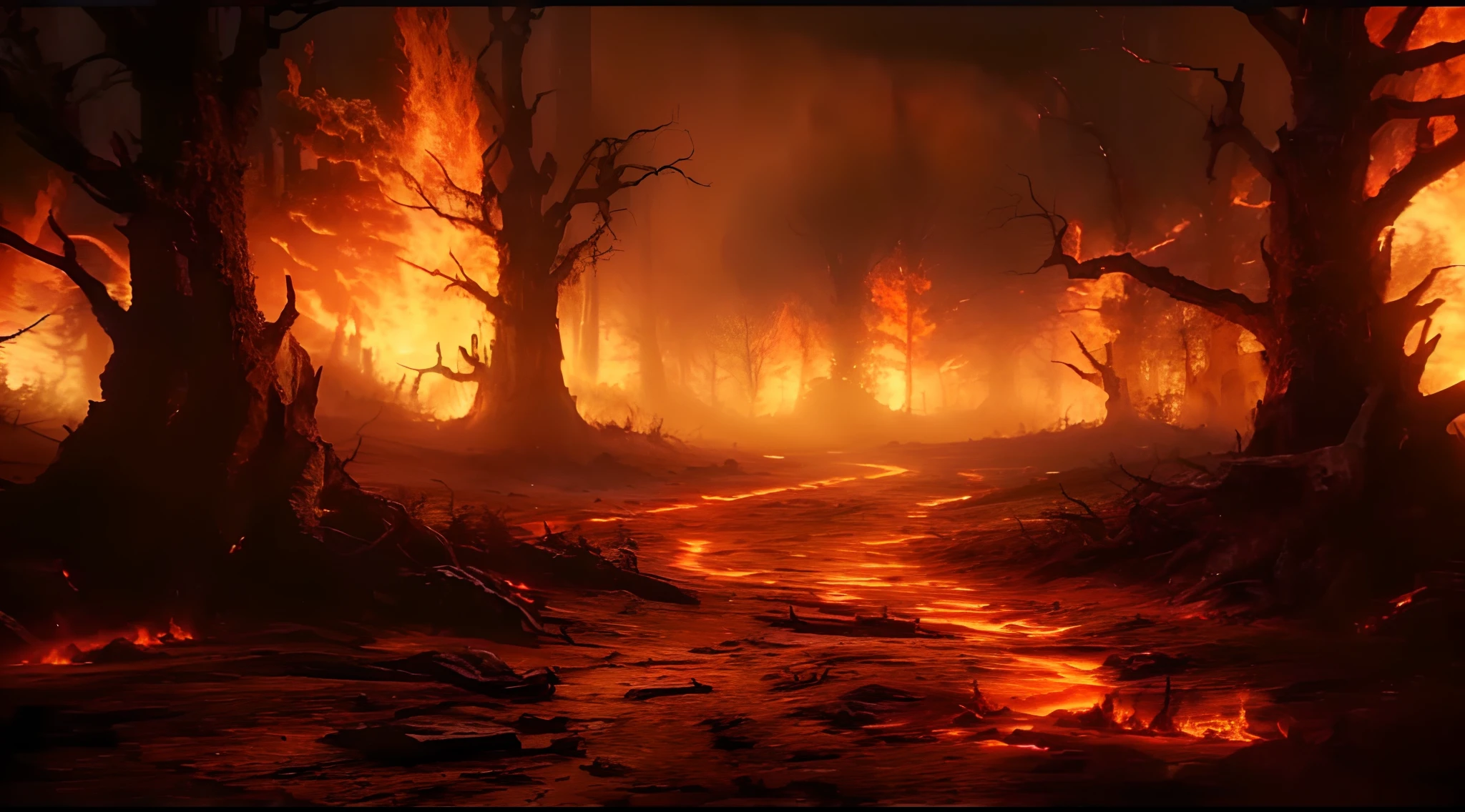 a fire scene with a path through the woods, hell background, hell scape, hellfire background, burning forest, fantasy apocalypse environment, apocalypse landscape!!!!!, firey environment, ! apocalypse landscape!!, bloody river in hell, the forest is on fire, scorched earth, a flaming forest, apocalyptic environment, the final battle in hell, apocalypse landscape, hyperrealistic hell