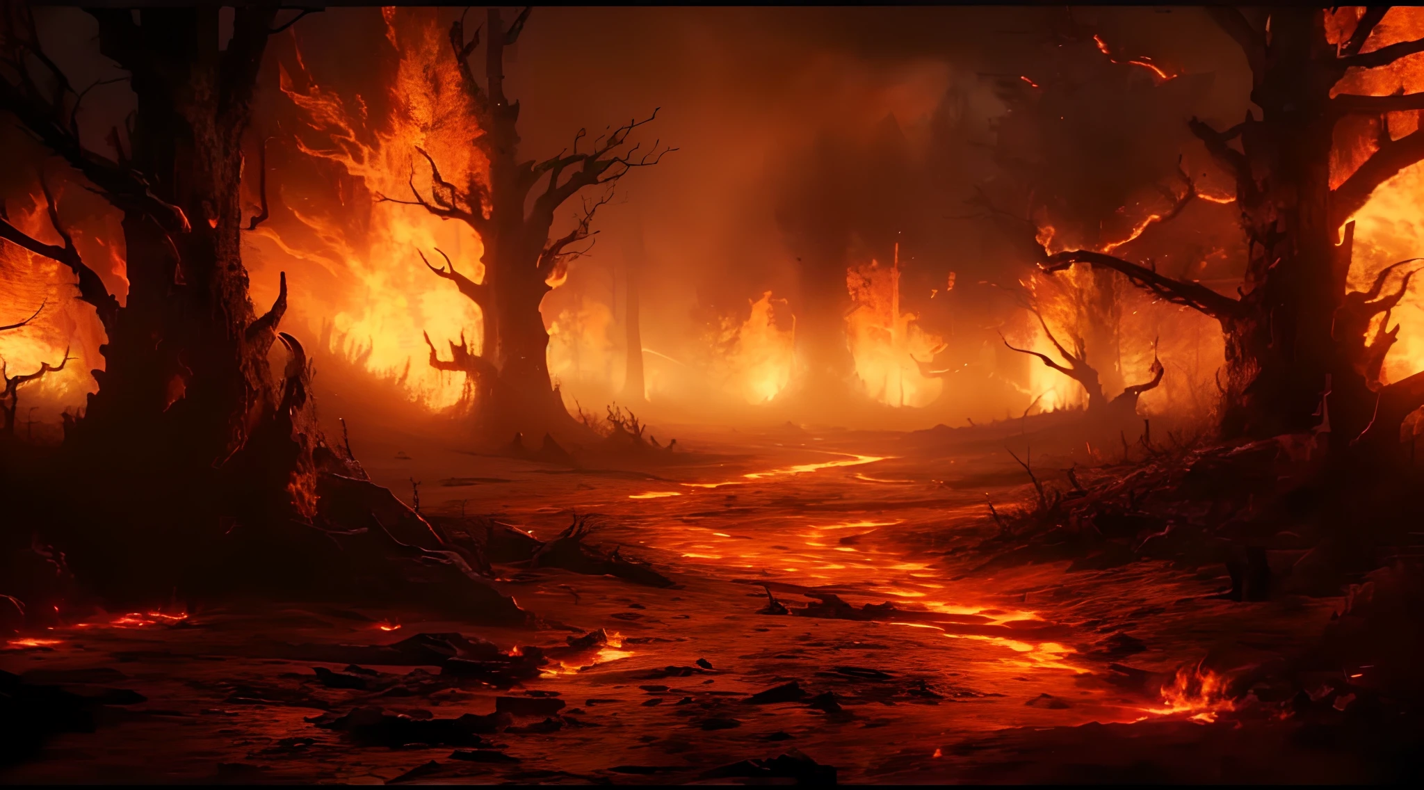 a fire scene with a path through the woods, hell background, hell scape, hellfire background, burning forest, fantasy apocalypse environment, apocalypse landscape!!!!!, firey environment, ! apocalypse landscape!!, bloody river in hell, the forest is on fire, scorched earth, a flaming forest, apocalyptic environment, the final battle in hell, apocalypse landscape, hyperrealistic hell