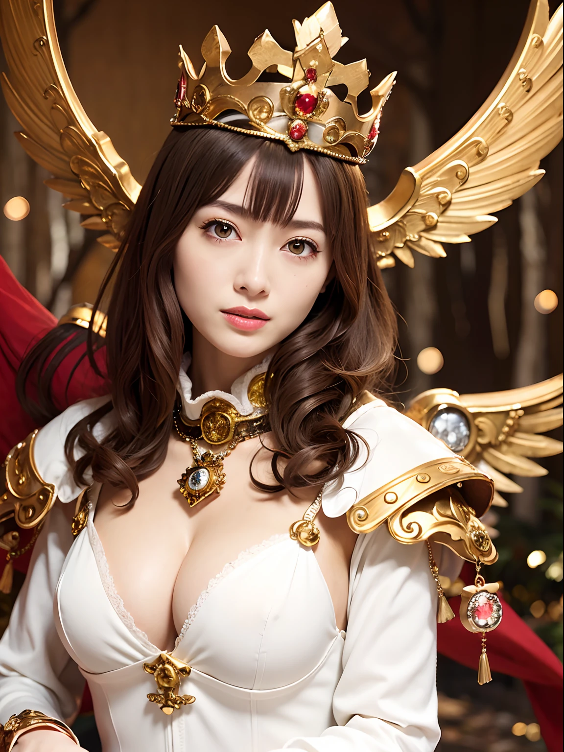 (masutepiece), Professional , masterpiece、top-quality、photos realistic , depth of fields (Gemstone Silver Metal Body:1.9),(Matte White、(Gangle's forest background),(Brown hair long straight)、Jewel Gold Weapon、(Castle background),Gorgeous metal weapons,(Detailed and realistic angel white wings) , Detailed Sword of the Brave , Beautiful knife 、delicated face、20 years girl ,warhammer 40k , adepta sororitas,Detail and ornate jewel crown、a blond、(Gangle's forest background)、Beautiful Caucasian beauty、1a person、dynamic ungle,(((Detailed and ornate diamond crown)))、Smaller head、A smile、Powerful poses、Beautiful thin fingers of a woman、cleavage of the breast、