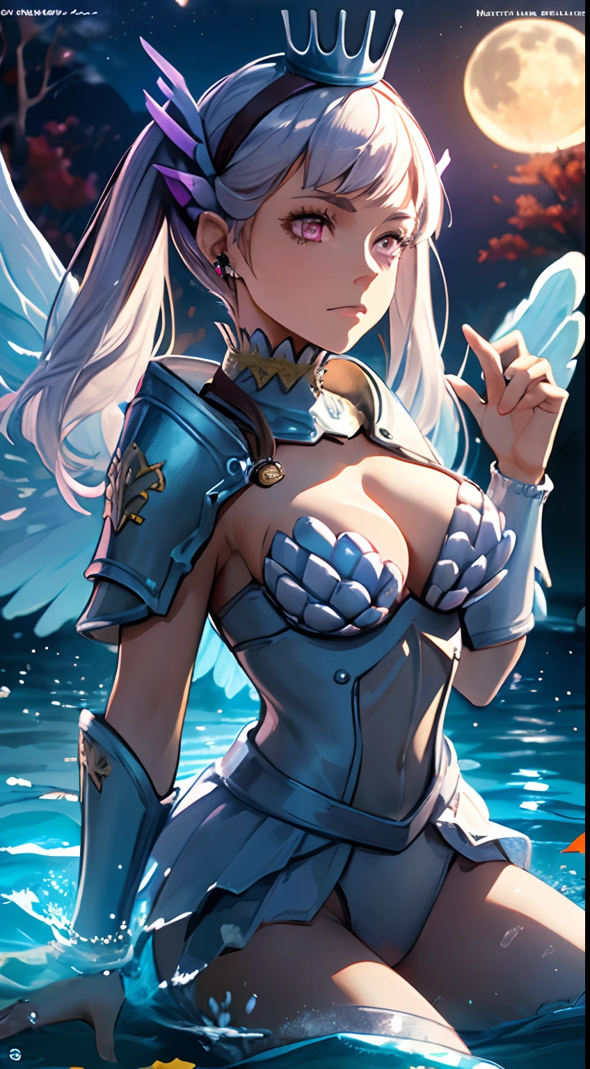 noelle_silva,long hair ,twintails, bangs, earring,silver hair,purple eyes,((water_armor)),(wings),crown, valkyrie, armored dress, angel, tree, sunset,autumn,autumn leaves,((under water:1.3)), night, moon, (dancing:1.2), volumetric lighting, best quality, masterpiece, intricate details, tonemapping, sharp focus, hyper detailed, trending on Artstation,