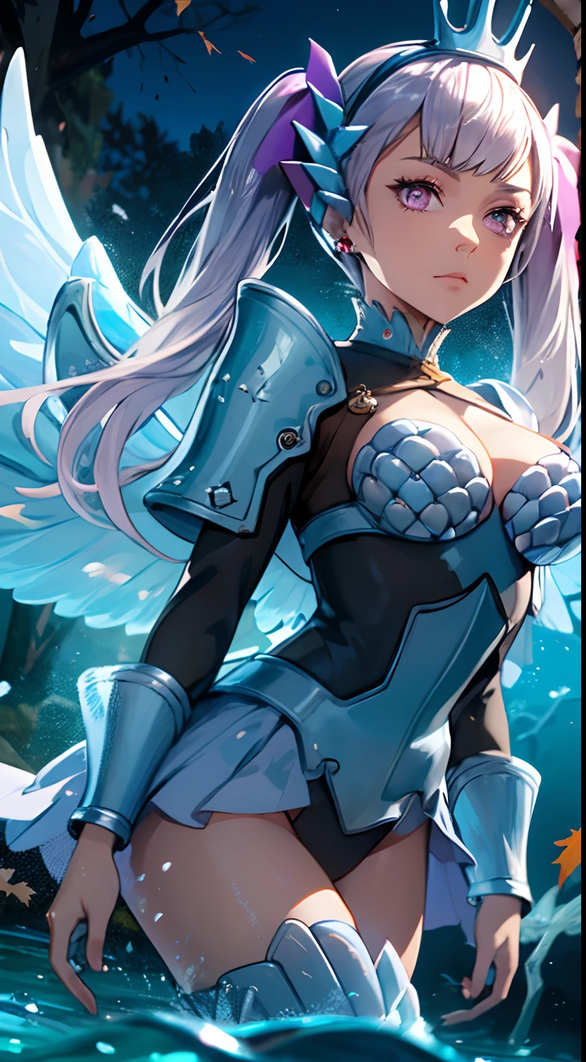 noelle_silva,long hair ,twintails, bangs, earring,silver hair,purple eyes,((water_armor)),(wings),crown, valkyrie, armored dress, angel, tree, sunset,autumn,autumn leaves,((under water:1.3)), ht, moon, (dancing:1.2), volumetric lighting, best quality, masterpiece, intricate details, tonemapping, sharp focus, hyper detailed, trending on Artstation,