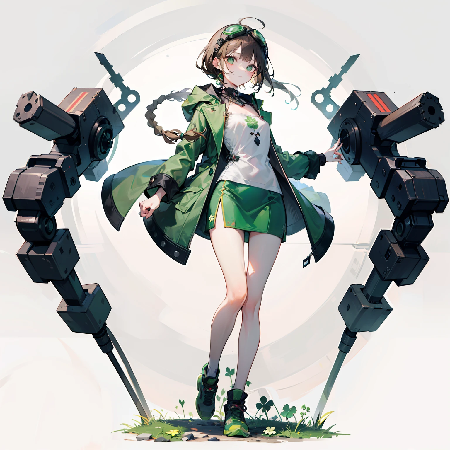 1girll，solo person，Brown back double twisted braid，Two twisted braids，brown  hair，long whitr hair，Very small stature，Little loli body type，flatchest，Green eyes，mechanical leg，Clover background on ground，face expressionless，Protective goggles，Green punk long coat，grey short skirt，mechanical leg