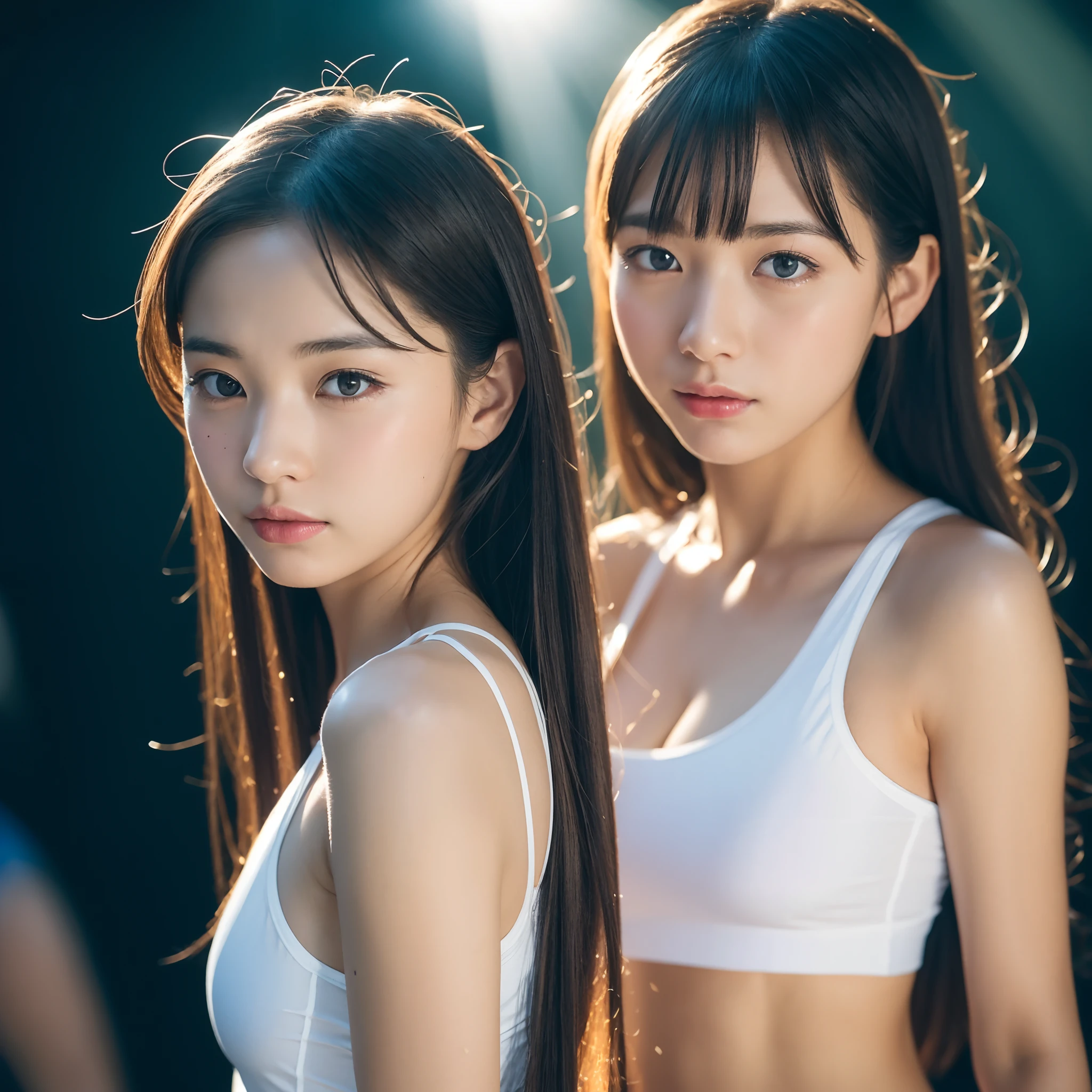 (in 8K、top-quality、超A high resolution、masterpiece:1.2)、(Photorealsitic:1.4)、(detailed skins:1.3)、Beautiful Japan girl at 18 years old、(Detail Eye) 、1人、(Girls are at the night rave festival、I'm wearing a school swimsuit。)、Light rays from LED screen and stage create cinematic lighting effects、Make the scene look like a masterpiece。Her sweaty skin is perfect、long hair with bright colors,、Adding to the vibrant atmosphere of the festival。The camera focuses on her feet、Contracted by rays、Emphasis is placed on。Lens flare and high resolution texture GPT-3.5、Elaborate CG、cowboy shot、beautiful lighting、profetional lighting、(foco nítido)