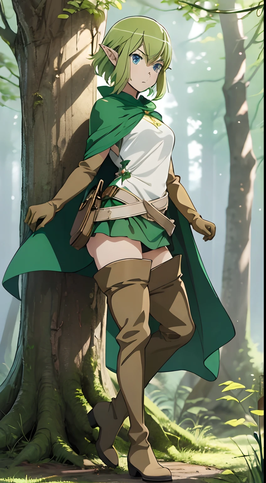 masterpiece,best quality,anime,2d,detailed face,
1girl, solo, thigh boots, pointy ears, gloves, boots, green hair, forest, brown footwear,full body, blue eyes, elf, elbow gloves, brown gloves, cape, short hair, green underwear, standing, looking at viewer, green cape, shirt,