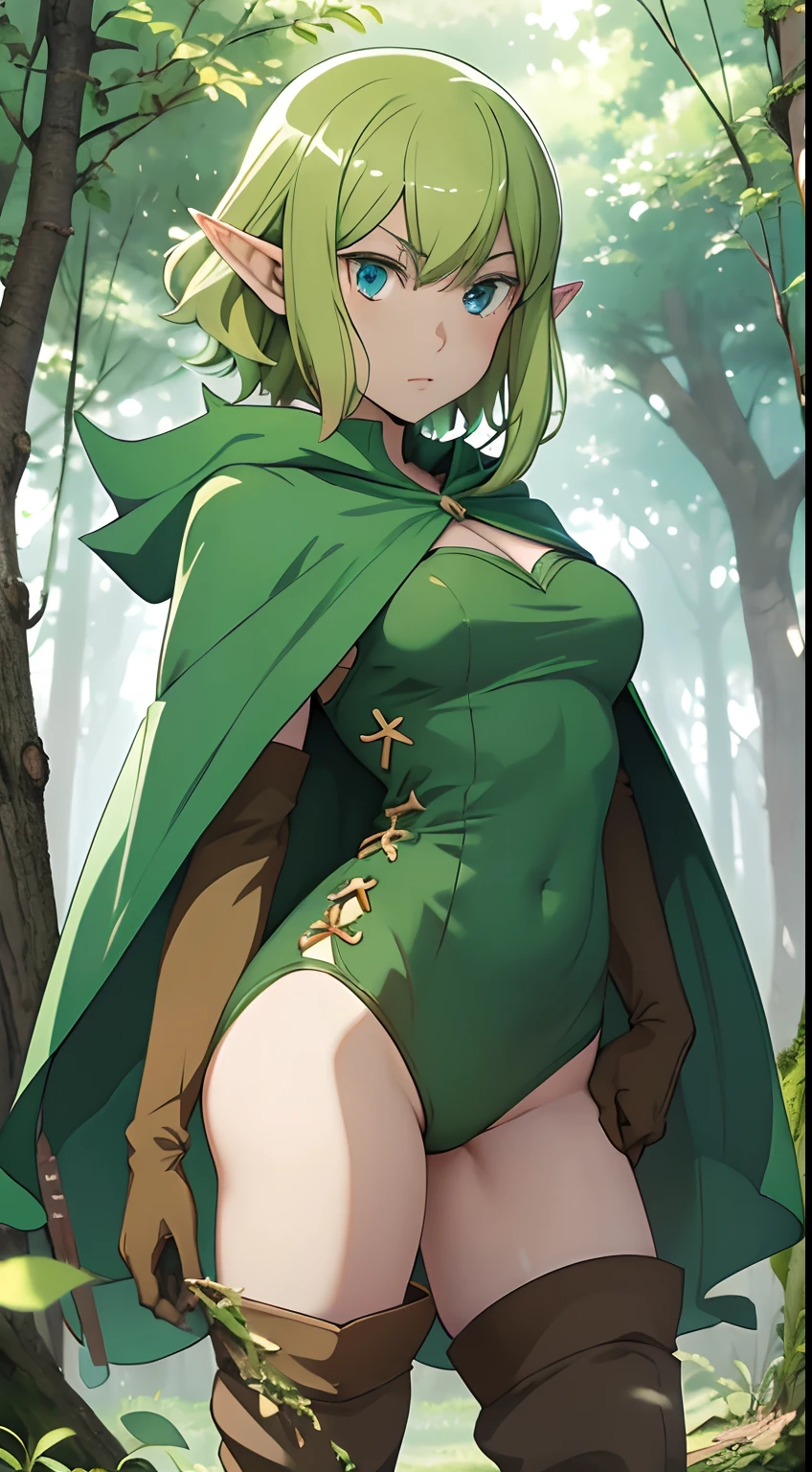 masterpiece,best quality,anime,2d,detailed face,
1girl, solo, thigh boots, pointy ears, gloves, boots, green hair, forest, brown footwear,full body, blue eyes, elf, elbow gloves, brown gloves, cape, short hair, green underwear, standing, looking at viewer, green cape, shirt,