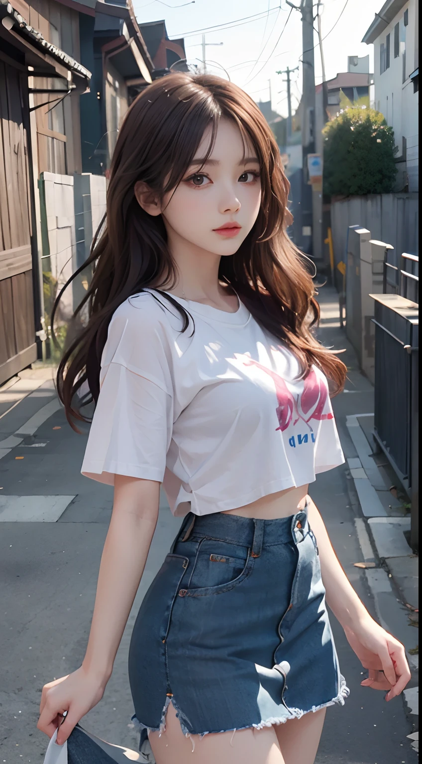 top-quality, intricately details, color difference, 1girl in, long whitr hair, brunette color hair, Unkempt hair, White highlights, Red eyes, sharp eye, Oversized white T-shirt, Ultra mini skirt, pantie, cowboy lens, wind lift, (oversize T shirt: 1.2 inches),against a wall, concrete wall, Doodle, Dim lighting, alleys,top-quality、超A high resolution, style of anime4 K, nightcore, Anime moe art style, 4K anime wallpaper, Anime art wallpaper 4k, Anime art wallpaper 4k, Best anime 4k konachan wallpaper, Anime wallpaper 4K, Anime wallpaper 4 k, Anime visuals of cute girls,(tmasterpiece、top-quality、top-quality、offcial art、aestheticly pleasing:1.2)、(1girl in)、The is very detailed、(Fractal art:1.3)、Extremely colorful、highestdetailed、face perfect