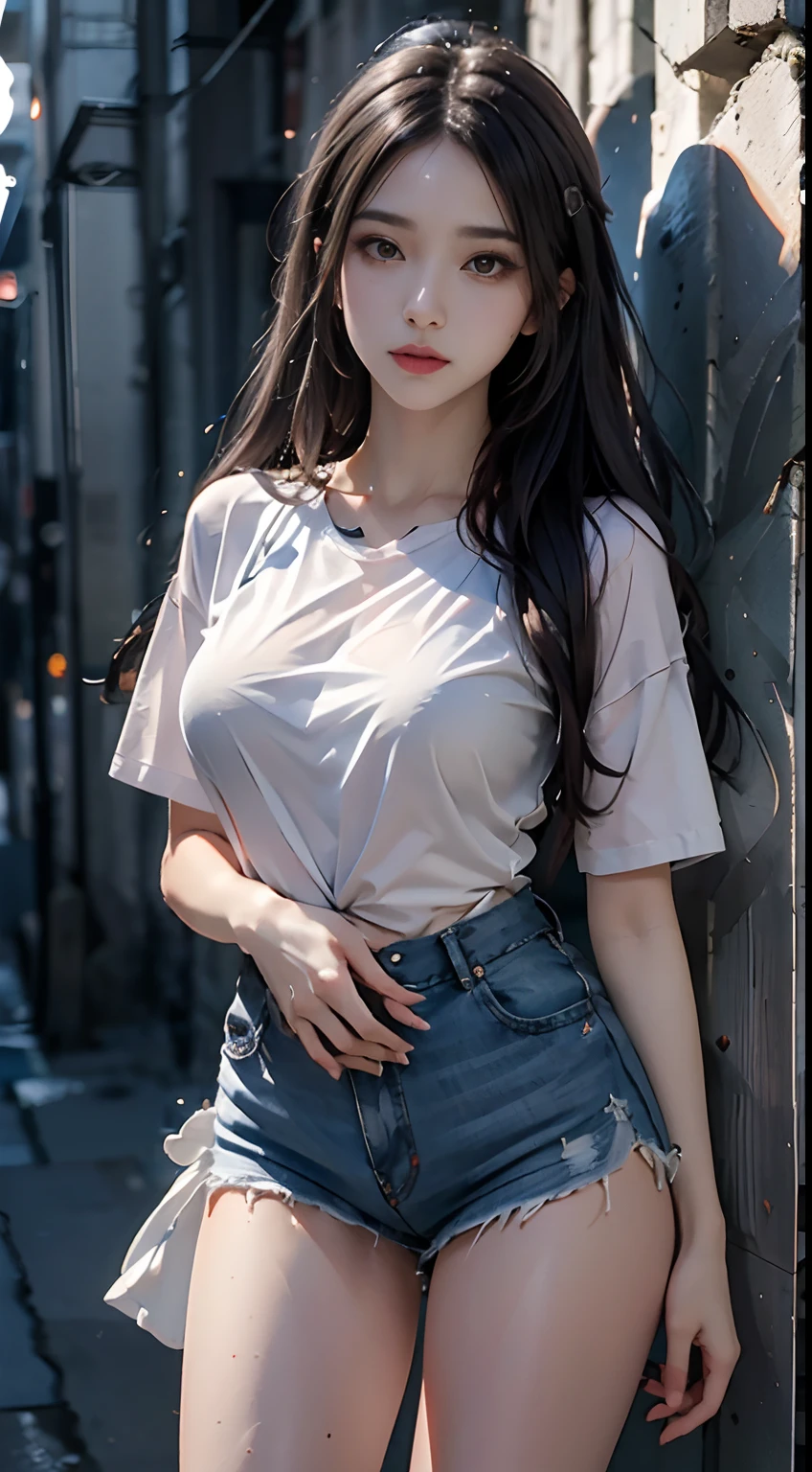top-quality, intricately details, color difference, 1girl in, long whitr hair, brunette color hair, Unkempt hair, White highlights, Red eyes, sharp eye, Oversized white T-shirt, Ultra mini skirt, pantie, cowboy lens, wind lift, (oversize T shirt: 1.2 inches),against a wall, concrete wall, Doodle, Dim lighting, alleys,top-quality、超A high resolution, style of anime4 K, nightcore, Anime moe art style, 4K anime wallpaper, Anime art wallpaper 4k, Anime art wallpaper 4k, Best anime 4k konachan wallpaper, Anime wallpaper 4K, Anime wallpaper 4 k, Anime visuals of cute girls,(tmasterpiece、top-quality、top-quality、offcial art、aestheticly pleasing:1.2)、(1girl in)、The is very detailed、(Fractal art:1.3)、Extremely colorful、highestdetailed、face perfect
