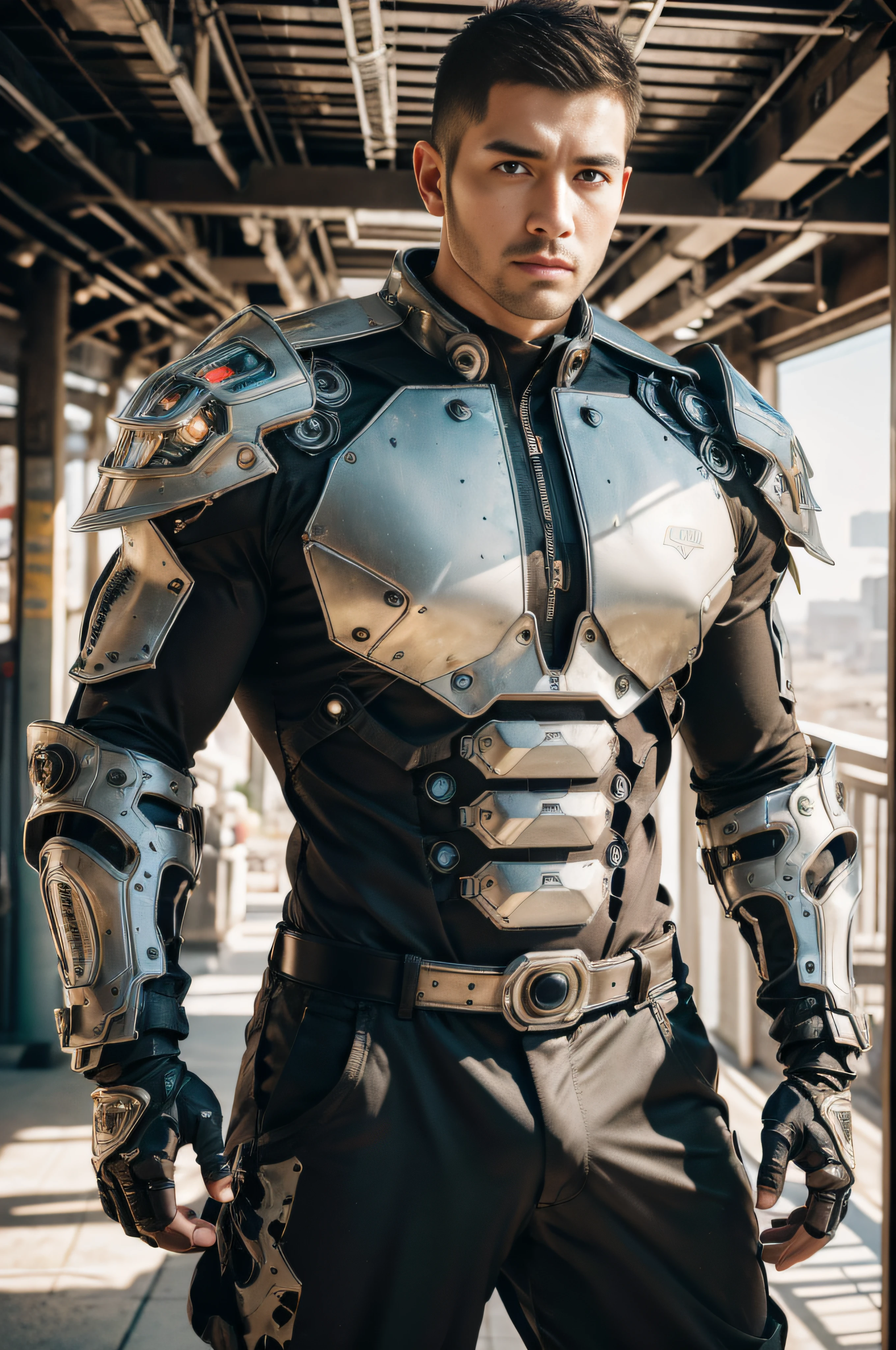 Realistic, ((Masterpiece)), ((Best quality)), (Detailed), Cinematic, Dynamic lighting, soft shade, Detailed background, Professional photography, Depth of field, Intricate, Detailed face, Subsurface scattering, photo-realistic hair, Realistic eyes, Muscular, Manly, buzz cut,Handsome photo (Latino men), Mecha 4RMOR, Wear mechanical Hanfu, Glowing, Dynamic pose, Desert background,Stubble, Pants,