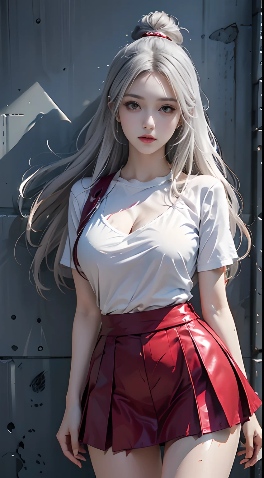 top-quality, intricately details, color difference, 1girl in, long whitr hair, brunette color hair, Unkempt hair, White highlights, Red eyes, sharp eye, Oversized white T-shirt, Ultra mini skirt, pantie, cowboy lens, wind lift, (oversize T shirt: 1.2 inches),against a wall, concrete wall, Doodle, Dim lighting, alleys,top-quality、超A high resolution, style of anime4 K, nightcore, Anime moe art style, 4K anime wallpaper, Anime art wallpaper 4k, Anime art wallpaper 4k, Best anime 4k konachan wallpaper, Anime wallpaper 4K, Anime wallpaper 4 k, Anime visuals of cute girls,(tmasterpiece、top-quality、top-quality、offcial art、aestheticly pleasing:1.2)、(1girl in)、The is very detailed、(Fractal art:1.3)、Extremely colorful、highestdetailed、face perfect