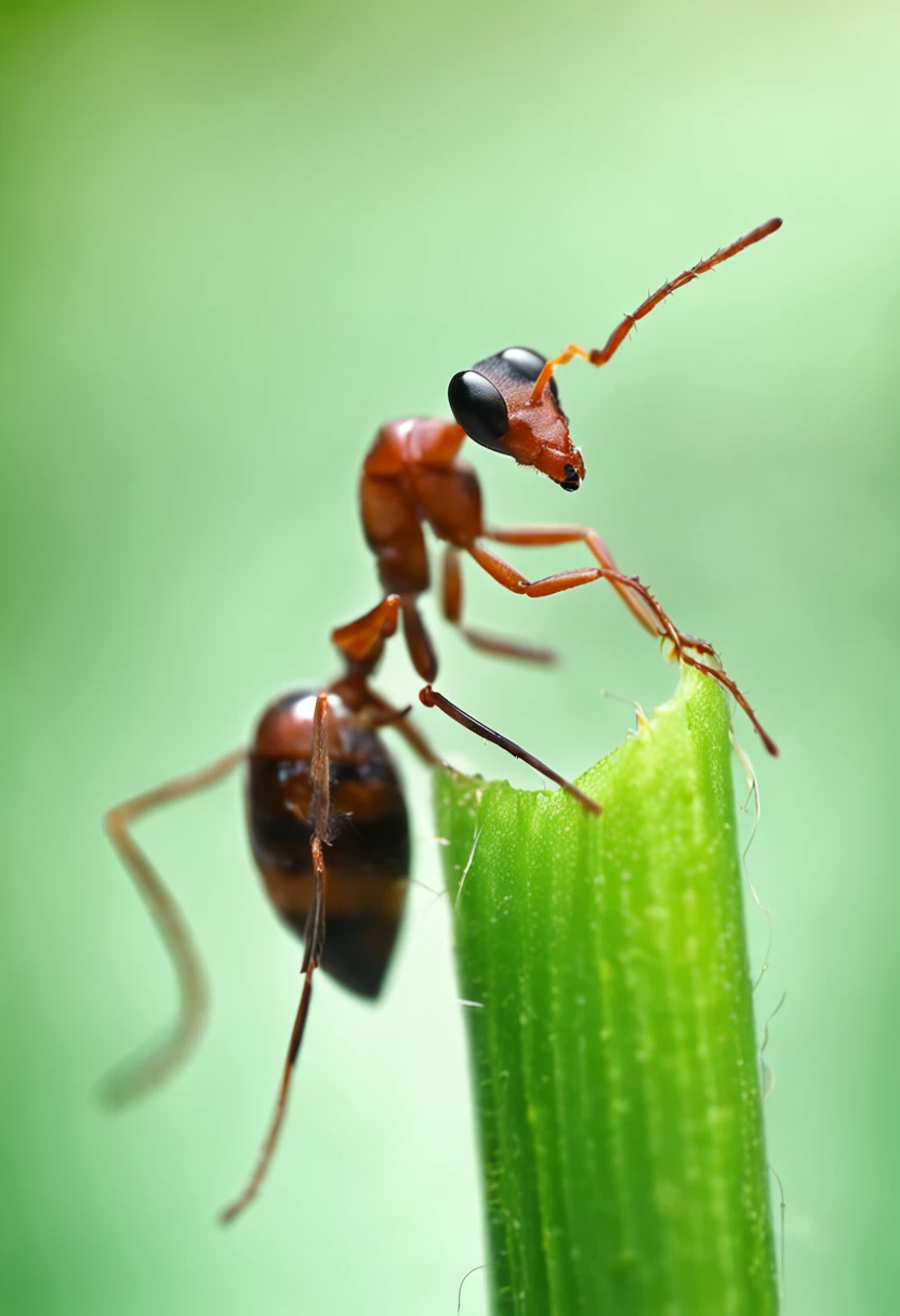 An ant stands on top of a green reed,Super macro photography