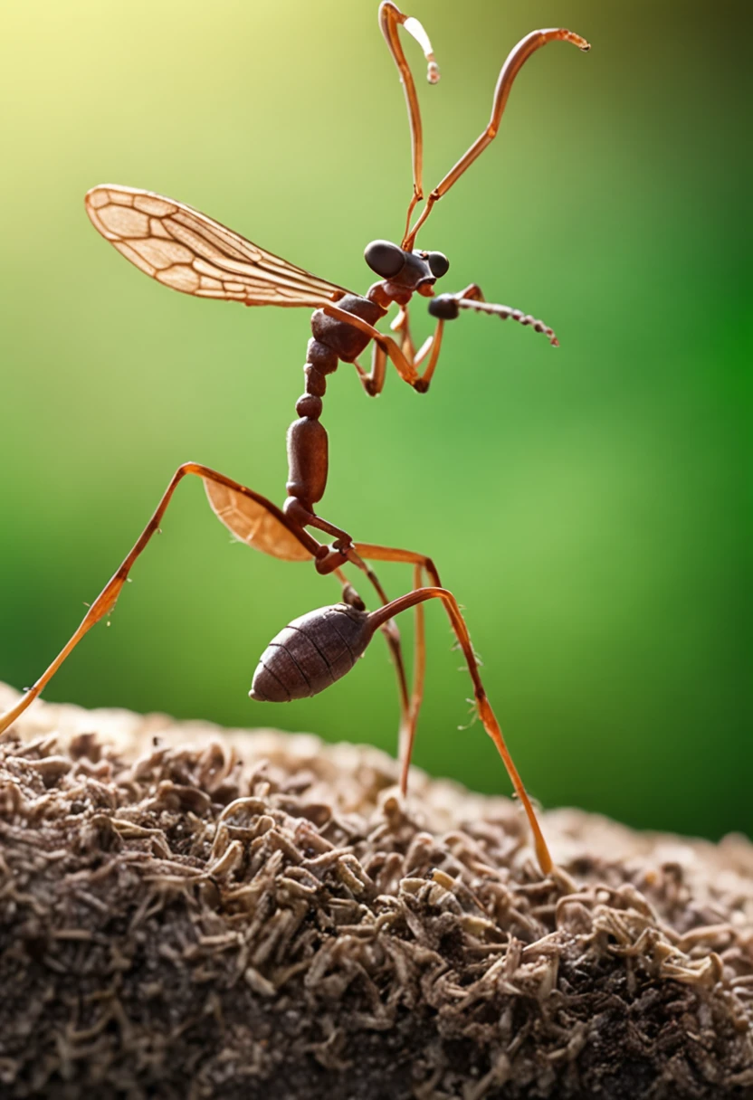 An ant stands on top of a green reed，Super macro photography