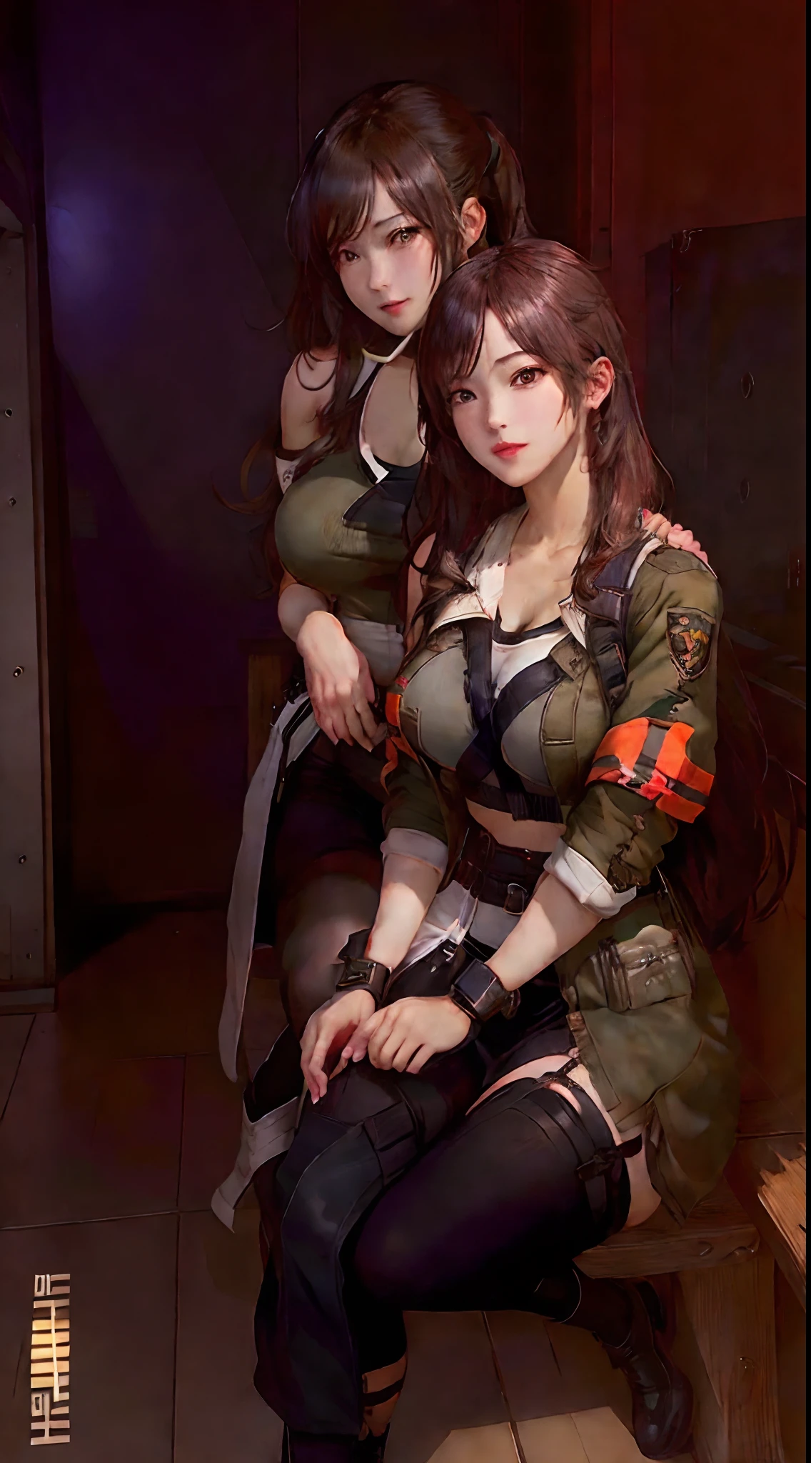 there are two beauty nude girl sitting on a bench in a room, realistic artstyle, sexy, big boobs, artwork in the style of guweiz, from girls frontline, tifa lockhart, trending on cgstation, soldier outfit, tifa, game cg, tifa lockheart, casual pose, girls frontline style, ultra realistic, 8K
