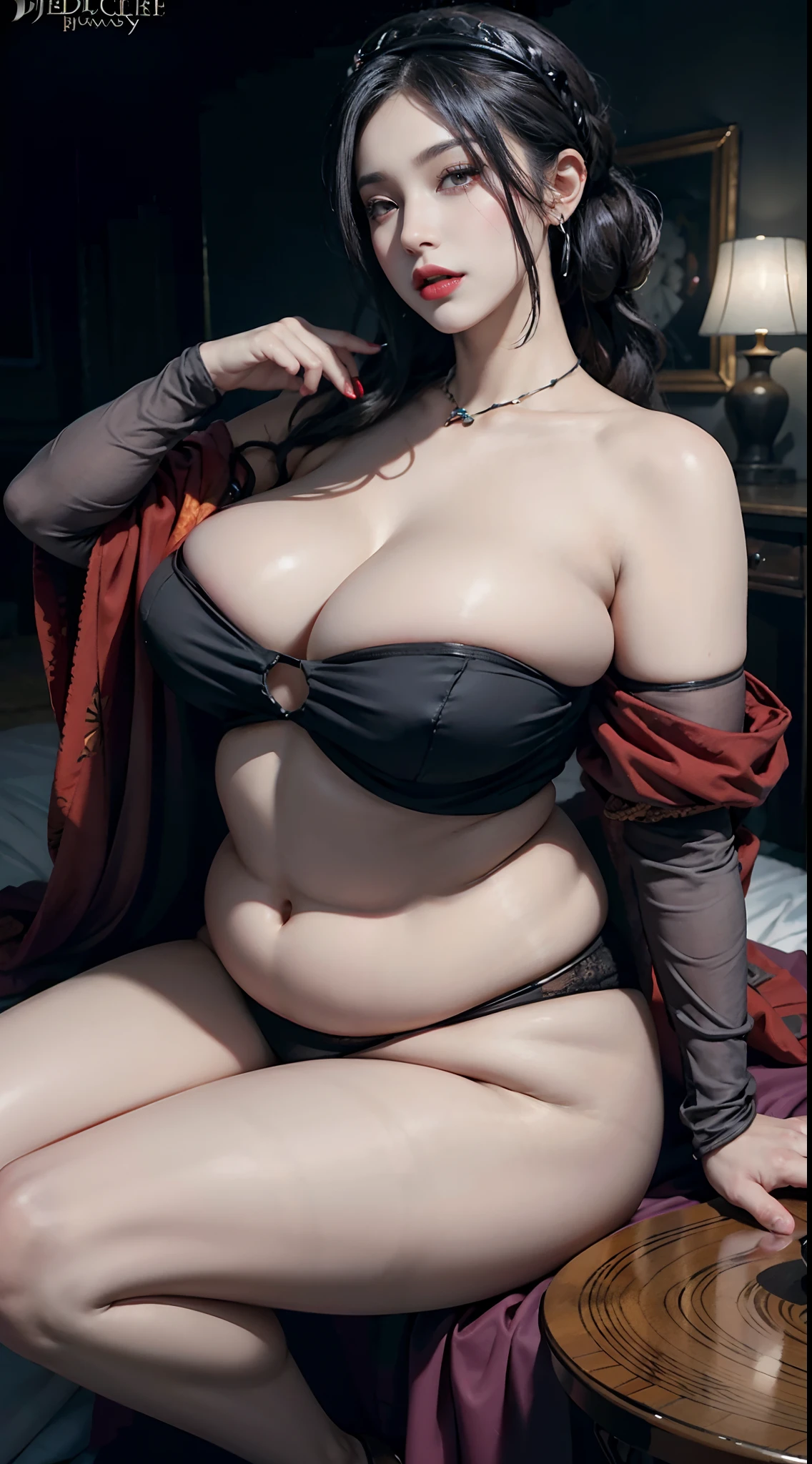in the darkness nigth： 1.6）， surreal female portrait by David Hockney and Alphonse Mucha， Fantasyart， Japan Mature Woman， photorealisti， 动态照明， art  stations， poster for， Volumetriclighting， very highly detailed face， 8K Ultra， Award-Awarded， in the darkness nigth， deep shading， low tune， cowboy lens， （Three-point bikini： 1.4）， long whitr hair， brunette color hair， Huge bust，beachside，trpical garden， devil  crown，red eyes make up very sharp and detailed， The most beautiful face， The breasts are large and round， Ultra photo realsisim，  attractive smile， The eye makeup is good，Guviz，devil style，wearing black mesh socks， pony tails，There is a bow tied behind the hair， Red black lips，Devil tattoo on the shoulder，Wearing a thin red and black robe，The scenery is gloomy and thunderous，（sportrait），Close-up of main character，（Background detail 1.8），super breasts，Huge buttocks，A MILF，Eye makeup，Gloss on lips，Charming，middle aged women，leg apart，camel-toe，Ass focus，Butt to the camera