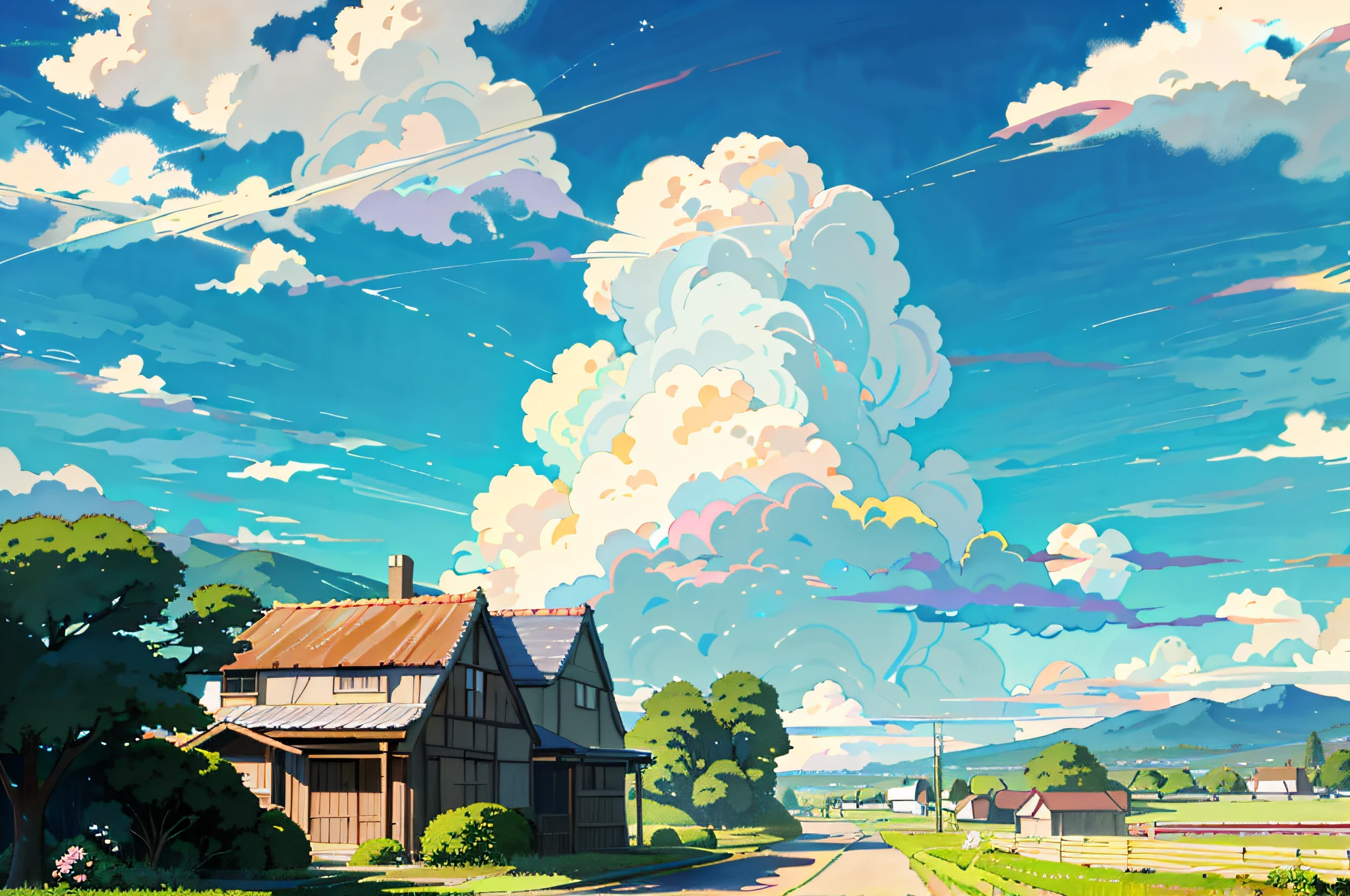 There is a painting of a house on a country road, anime countryside landscape, beautifull puffy clouds. anime big breast, anime landscape wallpapers, Anime landscape, Studio Ghibli Sky, Anime Cloud, Anime background art, beautiful anime scenery, Anime landscapes, beautiful anime scenes, View of Ghibli Studio, anime backgrounds, Anime landscape concept art, Anime Sky, rhads and lois van baarle