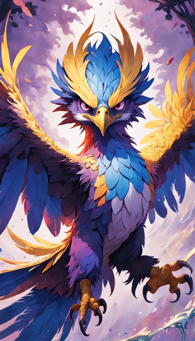 Colorful Eagle: A 28-year-old Giru, oil painting, perfect feathers, blue yellow colors, light purple and violet additions, light red additions, intricate details, welcome screen, 8k resolution, masterpiece, artstation digital painting Very smooth ink flow: 8k resolution Photorealistic masterpiece: Intricately detailed fluid gouache painting: by Jean Baptiste Mongue: Calligraphy: Acrylic: Watercolor Art, Professional Photography, Daylighting, Maximalist Volumetric Lighting Photoillustration: by Marton Bobzert:, Complex, Elegant, Expansive, Fantastic, Vibrant, Best Quality Details, Realistic, High Definition, High Quality Texture, Epic Lighting, Motion Picture Still, 8k, Soft Lighting, Anime Style, Masterful Playing Card Edge, Random Colorful Art, Oil Painting, Blue Yellow Colors, Purple Color Additions clear and violet, light red additions, intricate details, welcome screen, 8K resolution, masterpiece, artstation digital painting Very smooth Black ink flow: 8K resolution Photorealistic masterpiece: intricately detailed fluid gouache painting: by Jean Baptiste Mongue: Calligraphy: acrylic: watercolor art, professional photography, natural lighting, volumetric lighting Maximalist photoillustration: by Marton Bobzert:, complex, Elegant, expansive, fantastic, vibrant