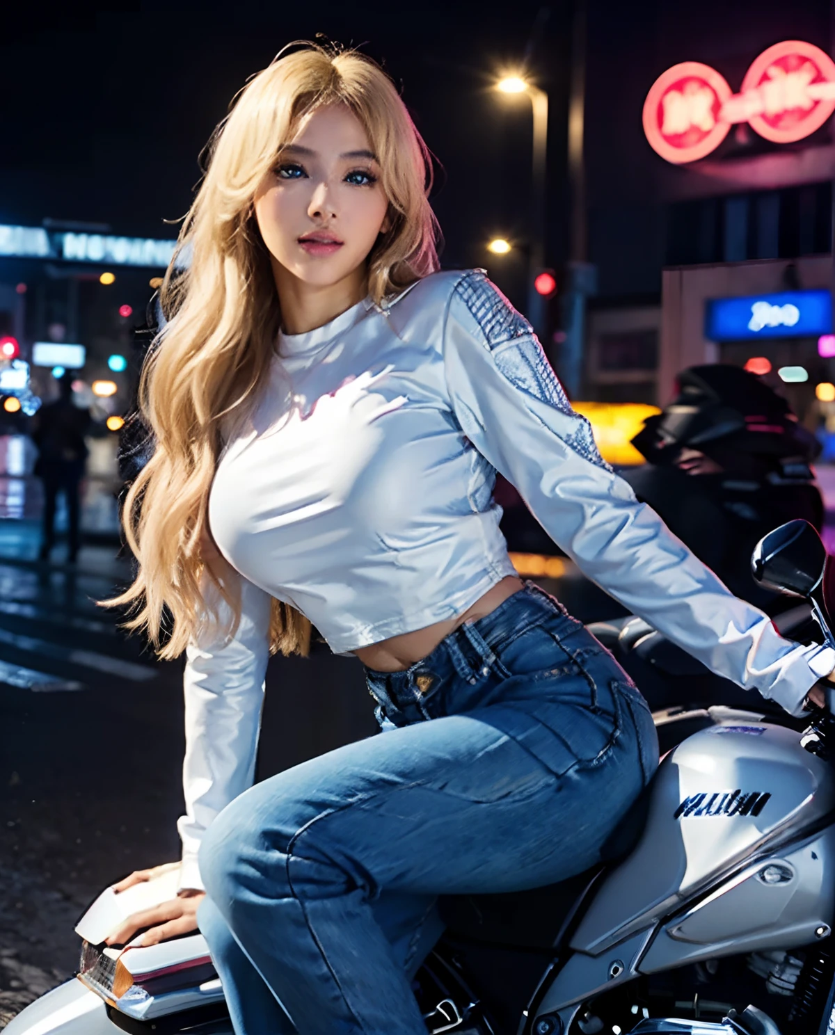 1girl in, (blaue Augen), sexy smiling, ((Im Namen von Minaj)), wide hips, big breasts, Big butt, (best quality, 8K, Masutepiece: 1.3)), Klarer Fokus: 1.2, Perfect Body Beauty: 1.4 , Slim abs: 1.2, wet body: 1.5, Hochdetaillierte Gesichts- und Hautstruktur, Detaillierte Augen, Doppelte Augenlider, lange blonde Haare, (White long-sleeved shirt and black motorcycle jacket), (Jeans Hosen), (Motorrad fahren :1.4), Nachts in der verschneiten Stadt