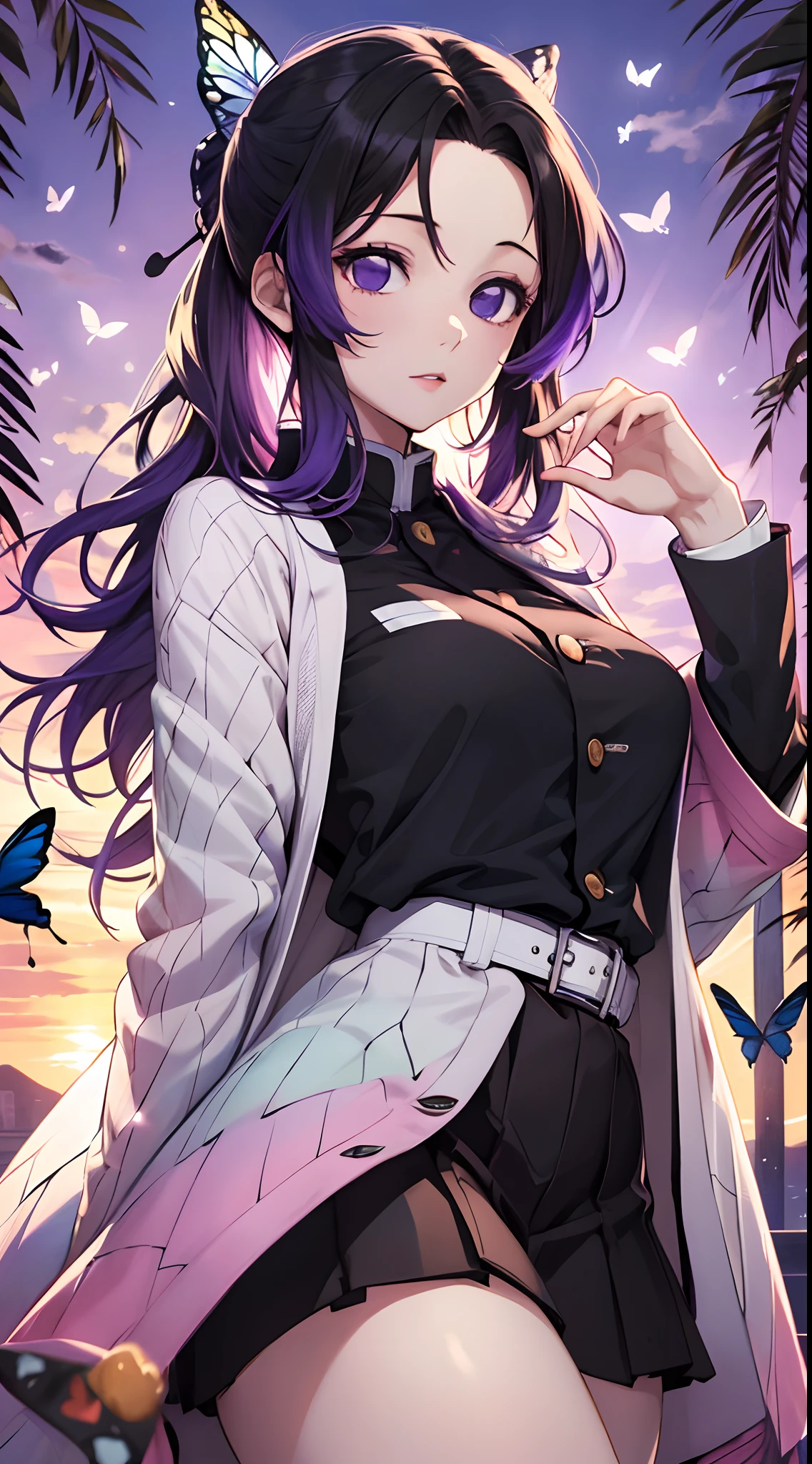 Kochou Shinobu, 1girl,masterpiece, multicolored hair,sleeveless, purple eyes, black jacket,black skirt,uniform, white haori, , multiple butterflies, , laked sunset, lens flare, perfect lighting, highest quality, hands behind, thick thighs, large breasts, highest quality, high resolution.