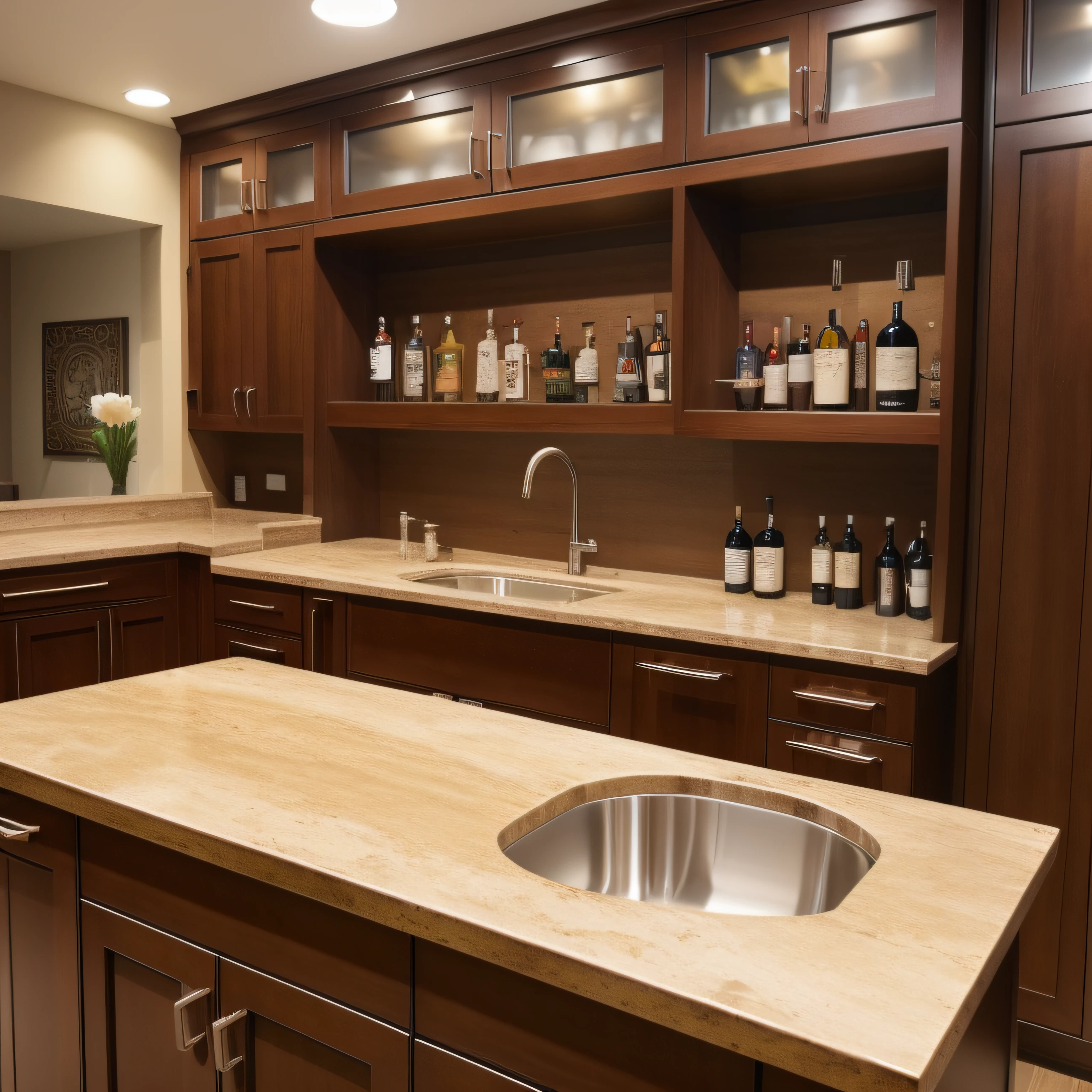 Bar sink，warm color，Close-up sink，Water bar sink，The cabinet is lined with wine bottles in the back、wineglass，Light marble countertop，Dwarf faucet