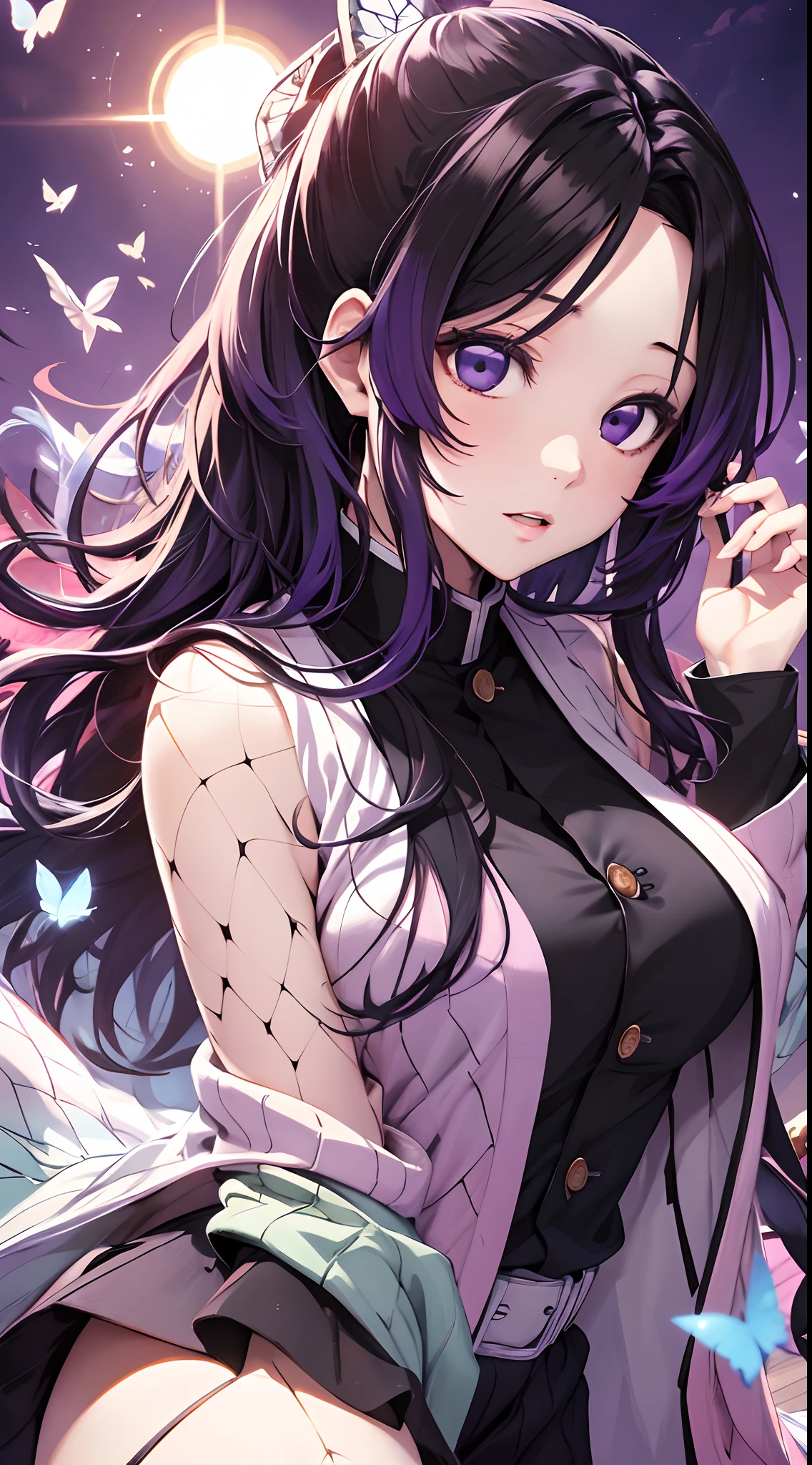 Kochou Shinobu, 1girl,masterpiece, multicolored hair,sleeveless, purple eyes, black jacket,black skirt,uniform, white haori, , multiple butterflies, , laked sunset, lens flare, perfect lighting, highest quality, hands behind, thick thighs, large breasts, highest quality, high resolution.