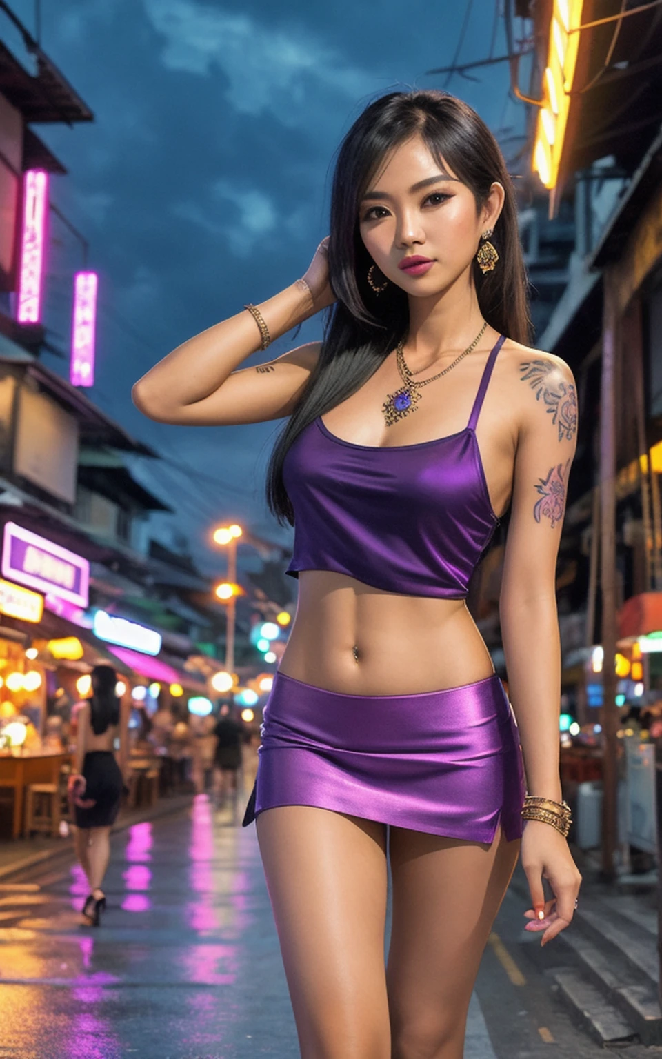 (Nude, missing clothing, side_view, waist chain:2) gorgeous sexy (Polynesian|Filipina|Asian woman, cum on face and hair and breasts),  shopping in crowded plaza street, long_hair, holding shopping bags, thicc thighs, hourglass_figure, narrow_waist, neon lights, hair light, side lighting