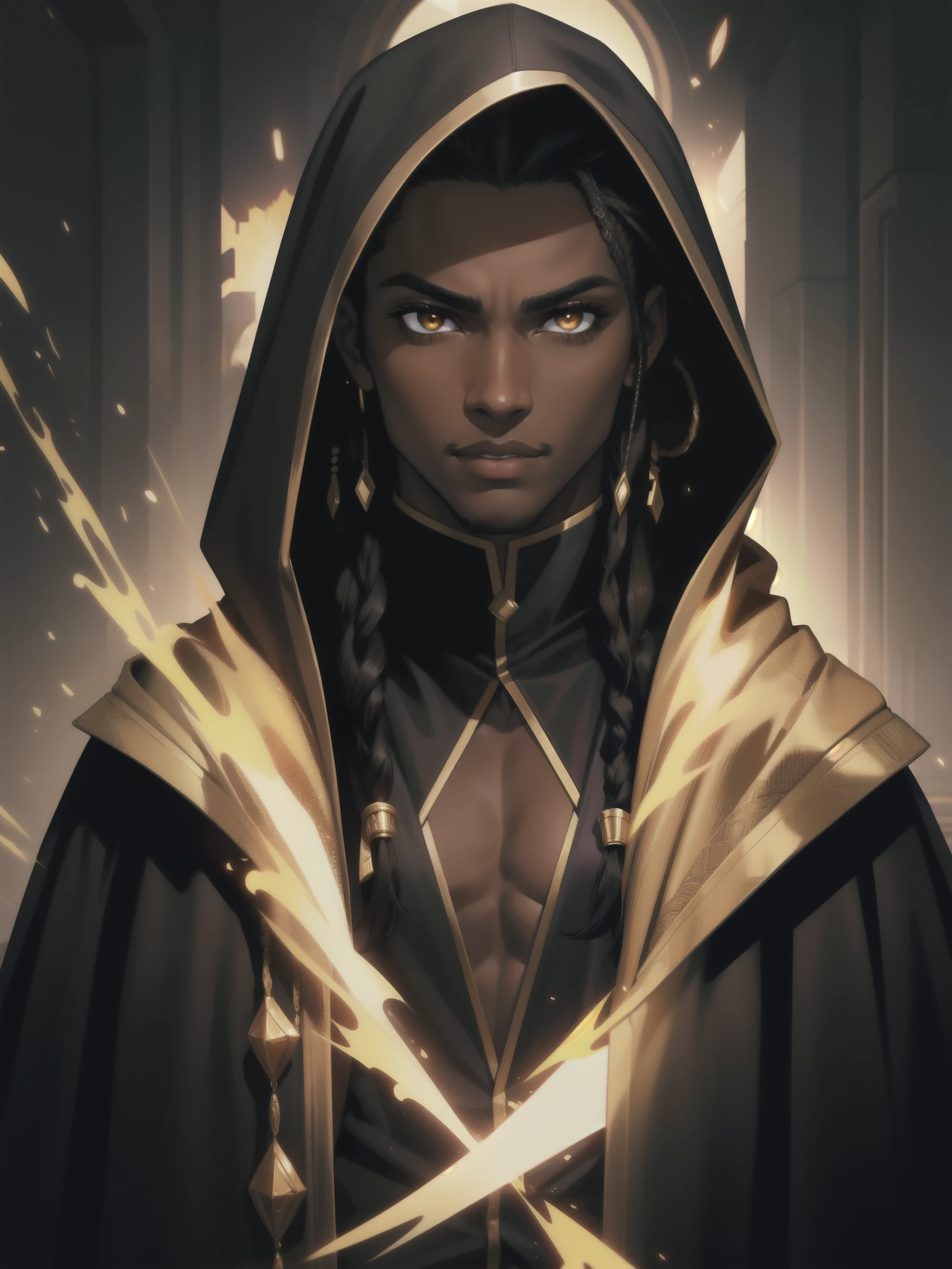 Portrait, Masterpiece, Excellent, 1boy, solo, complex details, color diffusion, demonic prince, dark skin, ebony, brown skin, dark-skinned male, dark hair, black hair, dreadlocks, golden eyes, epic attire, assassin mage attire, hooded, cloak, cloaked, badass, trending, demon, anti-hero, young, Sci-Fi, Fantasy