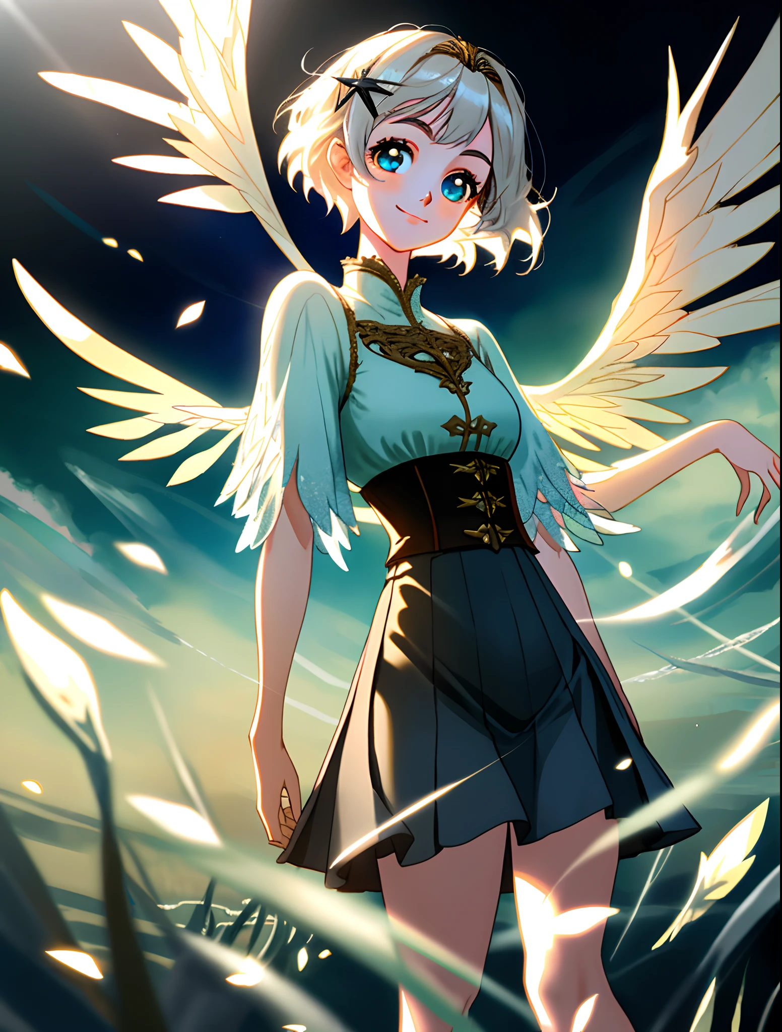 Highest image quality，tmasterpiece，Beautiful CG ，with short white hair，1 girl，Delicate and intricate hair accessories，transparent wings，watery big eyes，Short skirt that wraps around the hips，high light，on  back，Turn your head and smile，natural soft light，Hyper-realistic，Cinematic lighting texture，Withering white petals，Beautiful