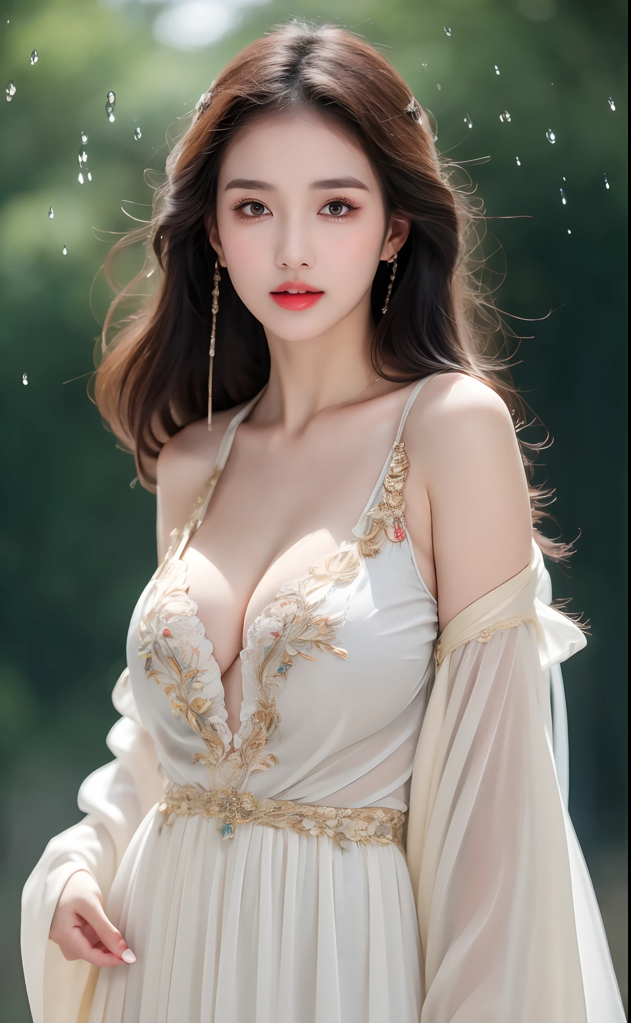 ((Best Quality, 8k, Masterpiece: 1.3)), Focus: 1.2, Perfect Body Beauty: 1.4, Buttocks: 1.2, ((Layered Haircut)), (Wet Clothes: 1.1), (Rain, Street:1.3), (Breasts: 1.2), (Hanfu: 1.2), Bare Shoulders, Bare Legs, Highly Detailed Face and Skin Texture, Fine Eyes, Double Eyelids, Whitened Skin, Long Hair, (Shut Up: 1.5), (Bokeh Background: 1.5), Big Breasts