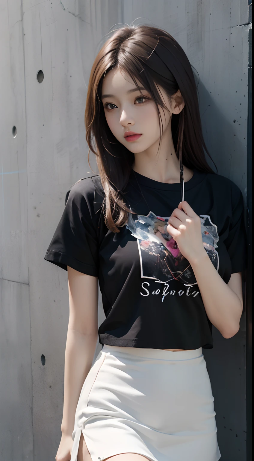 top-quality, intricately details, color difference, 1girl in, long whitr hair, brunette color hair, Unkempt hair, White highlights, Red eyes, sharp eye, Oversized white T-shirt, Ultra mini skirt, pantie, cowboy lens, wind lift, (oversize T shirt: 1.2 inches),against a wall, concrete wall, Doodle, Dim lighting, alleys,top-quality、超A high resolution, style of anime4 K, nightcore, Anime moe art style, 4K anime wallpaper, Anime art wallpaper 4k, Anime art wallpaper 4k, Best anime 4k konachan wallpaper, Anime wallpaper 4K, Anime wallpaper 4 k, Anime visuals of cute girls,(tmasterpiece、top-quality、top-quality、offcial art、aestheticly pleasing:1.2)、(1girl in)、The is very detailed、(Fractal art:1.3)、Extremely colorful、highestdetailed、face perfect